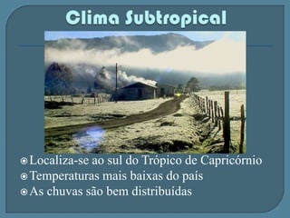 Chuvas escassas e irregularesClima Tropical de AltitudeSemelhante ao clima tropicalApresenta temperaturas mais amenasSitua-se em áreas mais elevadas da região Sudeste