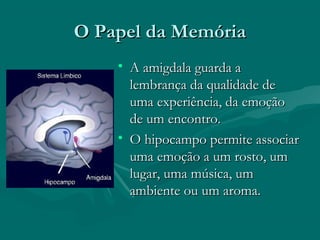 O Papel da MemóriaO Papel da Memória
• A amigdala guarda aA amigdala guarda a
lembrança da qualidade delembrança da qualidade de
uma experiência, da emoçãouma experiência, da emoção
de um encontro.de um encontro.
• O hipocampo permite associarO hipocampo permite associar
uma emoção a um rosto, umuma emoção a um rosto, um
lugar, uma música, umlugar, uma música, um
ambiente ou um aroma.ambiente ou um aroma.
 