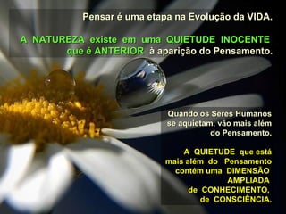 Pensar é uma etapa na Evolução da VIDA.Pensar é uma etapa na Evolução da VIDA.
A NATUREZA existe em uma QUIETUDE INOCENTEA NATUREZA existe em uma QUIETUDE INOCENTE
que é ANTERIORque é ANTERIOR à aparição do Pensamento.à aparição do Pensamento.
Quando os Seres HumanosQuando os Seres Humanos
se aquietam, vão mais alémse aquietam, vão mais além
do Pensamento.do Pensamento.
A QUIETUDE que estáA QUIETUDE que está
mais além do Pensamentomais além do Pensamento
contém uma DIMENSÃOcontém uma DIMENSÃO
AMPLIADAAMPLIADA
de CONHECIMENTO,de CONHECIMENTO,
de CONSCIÊNCIA.de CONSCIÊNCIA.
 