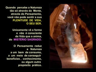 Quando  percebe a Natureza tão só através da  Mente, através do Pensamento, você não pode sentir a sua PLENITUDE  DE  VIDA, O SEU SER. Unicamente vê a forma e  não  é consciente da Vida que a anima, do  MISTÉRIO SAGRADO. O  Pensamento  reduz a  Natureza a um  bem  de consumo, a  um  meio  de conseguir  benefícios ,  conhecimento, ou algum outro  propósito  prático. 
