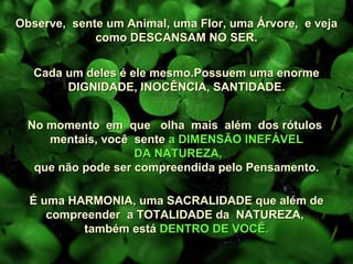 Observe,  sente um Animal, uma Flor, uma Árvore,  e veja como DESCANSAM NO SER. É uma HARMONIA, uma SACRALIDADE que além de compreender  a TOTALIDADE da  NATUREZA,  também está  DENTRO DE VOCÊ. Cada um deles é ele mesmo.Possuem uma enorme DIGNIDADE, INOCÊNCIA, SANTIDADE. No momento  em  que  olha  mais  além  dos rótulos  mentais, você  sente  a DIMENSÃO INEFÁVEL DA NATUREZA, que não pode ser compreendida pelo Pensamento. 