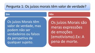 Pergunta 1: Os juízos morais têm valor de verdade?
Sim
Os juízos Morais têm
valor de verdade, mas
podem não ser
verdadeiros ou falsos
da perspetiva de
qualquer sujeito.
Não
Os juízos Morais são
meras expressões
de emoções
(emotivismo).Ex: A
pena de morte.
 