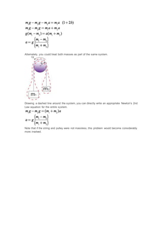 Alternately, you could treat both masses as part of the same system.
Drawing a dashed line around the system, you can directly write an appropriate Newton’s 2nd
Law equation for the entire system.
Note that if the string and pulley were not massless, this problem would become considerably
more involved.