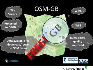 Tile              OSM-GB      WMS
  Service


Projected
                                  WFS
to OSGB


                               Rules based
 Data available for              quality
 download/reuse                 improved
  on OSM terms
 