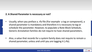 www.nibt.education
2. A Shared Parameter is necessary or not?
• Usually, when you preface a. rfa file (For example- a tag or component), a
shared parameter is mandatory and therefore it is necessary to tag or
schedule the parameter. However, to populate a Note Block Schedule,
Generic Annotation families do not require to have shared parameters.
• Also, a value that records for a system family does not require to remain a
shared parameter, unless and until you are tagging it (.rfa).
 