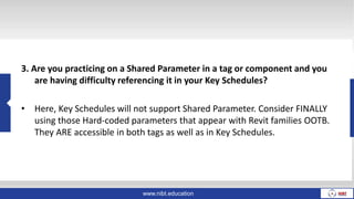 www.nibt.education
3. Are you practicing on a Shared Parameter in a tag or component and you
are having difficulty referencing it in your Key Schedules?
• Here, Key Schedules will not support Shared Parameter. Consider FINALLY
using those Hard-coded parameters that appear with Revit families OOTB.
They ARE accessible in both tags as well as in Key Schedules.
 