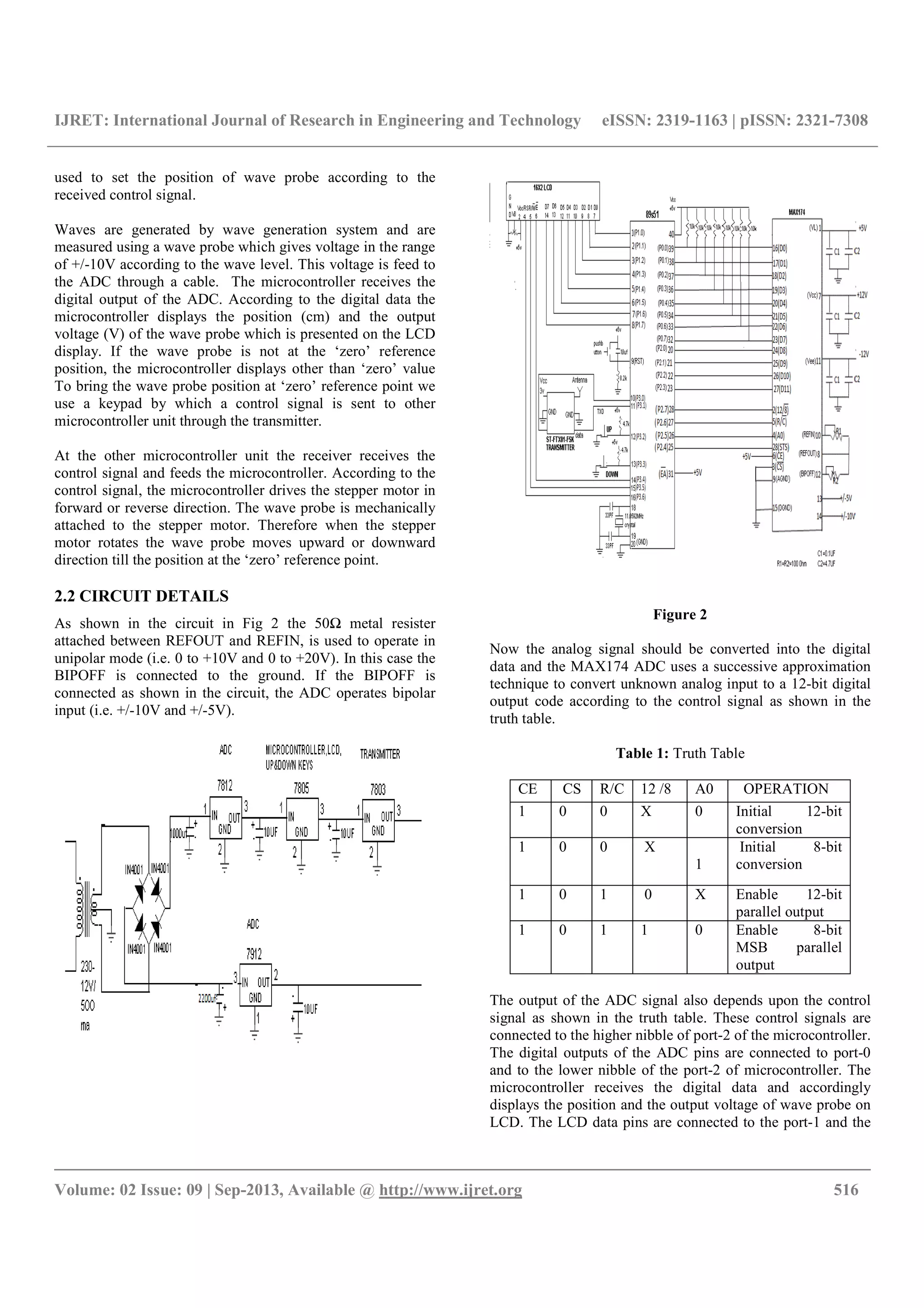 IJRET: International Journal of Research in Engineering and Technology eISSN: 2319-1163 | pISSN: 2321-7308
__________________________________________________________________________________________
Volume: 02 Issue: 09 | Sep-2013, Available @ http://www.ijret.org 516
used to set the position of wave probe according to the
received control signal.
Waves are generated by wave generation system and are
measured using a wave probe which gives voltage in the range
of +/-10V according to the wave level. This voltage is feed to
the ADC through a cable. The microcontroller receives the
digital output of the ADC. According to the digital data the
microcontroller displays the position (cm) and the output
voltage (V) of the wave probe which is presented on the LCD
display. If the wave probe is not at the ‘zero’ reference
position, the microcontroller displays other than ‘zero’ value
To bring the wave probe position at ‘zero’ reference point we
use a keypad by which a control signal is sent to other
microcontroller unit through the transmitter.
At the other microcontroller unit the receiver receives the
control signal and feeds the microcontroller. According to the
control signal, the microcontroller drives the stepper motor in
forward or reverse direction. The wave probe is mechanically
attached to the stepper motor. Therefore when the stepper
motor rotates the wave probe moves upward or downward
direction till the position at the ‘zero’ reference point.
2.2 CIRCUIT DETAILS
As shown in the circuit in Fig 2 the 50Ω metal resister
attached between REFOUT and REFIN, is used to operate in
unipolar mode (i.e. 0 to +10V and 0 to +20V). In this case the
BIPOFF is connected to the ground. If the BIPOFF is
connected as shown in the circuit, the ADC operates bipolar
input (i.e. +/-10V and +/-5V).
Figure 2
Now the analog signal should be converted into the digital
data and the MAX174 ADC uses a successive approximation
technique to convert unknown analog input to a 12-bit digital
output code according to the control signal as shown in the
truth table.
Table 1: Truth Table
CE CS R/C 12 /8 A0 OPERATION
1 0 0 X 0 Initial 12-bit
conversion
1 0 0 X
1
Initial 8-bit
conversion
1 0 1 0 X Enable 12-bit
parallel output
1 0 1 1 0 Enable 8-bit
MSB parallel
output
The output of the ADC signal also depends upon the control
signal as shown in the truth table. These control signals are
connected to the higher nibble of port-2 of the microcontroller.
The digital outputs of the ADC pins are connected to port-0
and to the lower nibble of the port-2 of microcontroller. The
microcontroller receives the digital data and accordingly
displays the position and the output voltage of wave probe on
LCD. The LCD data pins are connected to the port-1 and the
 