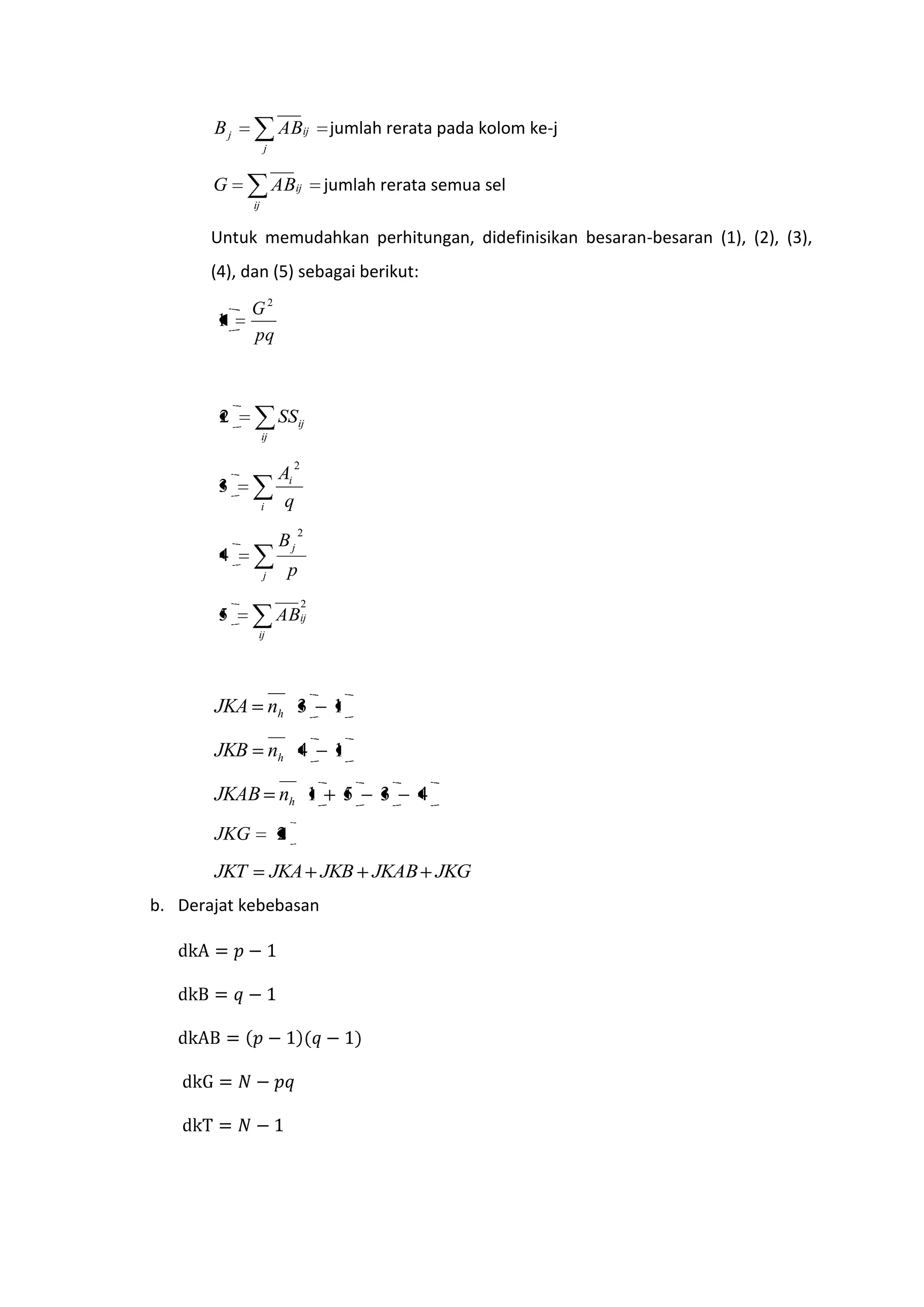 j
ijj ABB jumlah rerata pada kolom ke-j
ij
ijABG jumlah rerata semua sel
Untuk memudahkan perhitungan, didefinisikan besaran-besaran (1), (2), (3),
(4), dan (5) sebagai berikut:
pq
G2
1
ij
ijSS2
i
i
q
A
2
3
j
j
p
B
2
4
ij
ijAB
2
5
13hnJKA
14hnJKB
4351hnJKAB
2JKG
JKGJKABJKBJKAJKT
b. Derajat kebebasan
 