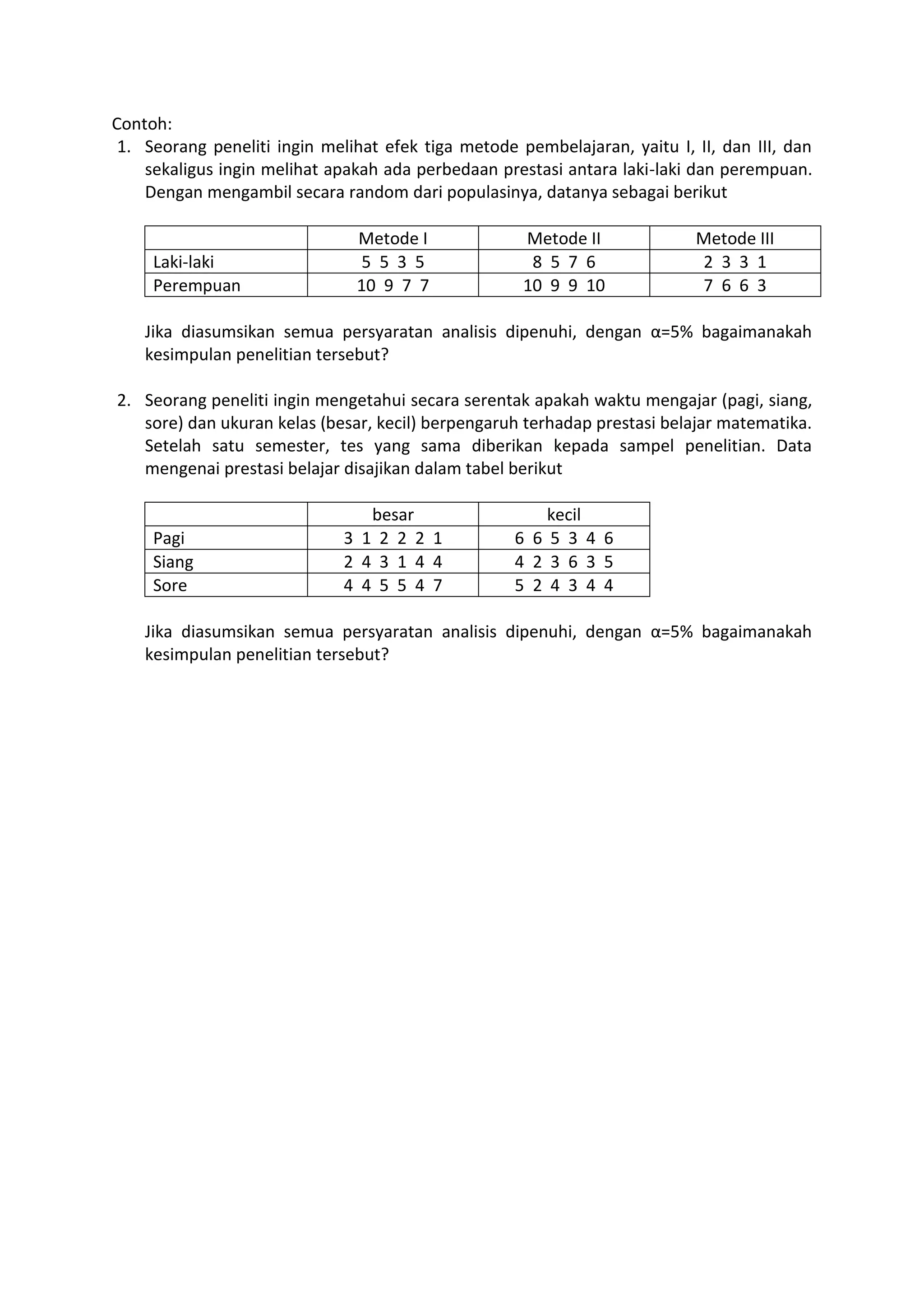 Contoh:
1. Seorang peneliti ingin melihat efek tiga metode pembelajaran, yaitu I, II, dan III, dan
sekaligus ingin melihat apakah ada perbedaan prestasi antara laki-laki dan perempuan.
Dengan mengambil secara random dari populasinya, datanya sebagai berikut
Metode I Metode II Metode III
Laki-laki 5 5 3 5 8 5 7 6 2 3 3 1
Perempuan 10 9 7 7 10 9 9 10 7 6 6 3
Jika diasumsikan semua persyaratan analisis dipenuhi, dengan α=5% bagaimanakah
kesimpulan penelitian tersebut?
2. Seorang peneliti ingin mengetahui secara serentak apakah waktu mengajar (pagi, siang,
sore) dan ukuran kelas (besar, kecil) berpengaruh terhadap prestasi belajar matematika.
Setelah satu semester, tes yang sama diberikan kepada sampel penelitian. Data
mengenai prestasi belajar disajikan dalam tabel berikut
besar kecil
Pagi 3 1 2 2 2 1 6 6 5 3 4 6
Siang 2 4 3 1 4 4 4 2 3 6 3 5
Sore 4 4 5 5 4 7 5 2 4 3 4 4
Jika diasumsikan semua persyaratan analisis dipenuhi, dengan α=5% bagaimanakah
kesimpulan penelitian tersebut?
 