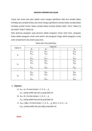 ANALISIS VARIANSI DUA JALAN
Tujuan dari anava dua jalan adalah untuk menguji signifikansi efek dua variabel bebas
terhadap satu variabel terikat, dan untuk menguji signifikansi interaksi kedua variabel bebas
terhadap variabel terikat. Kedua variabel bebas tersebut disebut faktor “baris” (faktor A)
dan faktor “kolom” (faktor B).
Pada dasarnya pengujian yang pertama adalah pengujian rerata antar baris, pengujian
kedua adalah pengujian rerata antar kolom, dan pengujian ketiga adalah pengujian rerata
antar sel pada baris atau kolom yang sama.
Notasi dan Tata Letak Data
Faktor A
Faktor B
b1 b2 ... bq
a1
X111
X112
...
X11n
X121
X122
...
X12n
...
...
...
...
X1q1
X1q2
...
X1qn
a2
X211
X212
...
X21n
X221
X222
...
X22n
...
...
...
...
X2q1
X2q2
...
X2qn
... ... ... ... ...
ap
Xp11
Xp12
...
Xp1n
Xp21
Xp22
...
Xp2n
...
...
...
...
Xpq1
Xpq2
...
Xpqn
1. Hipotesis
a) H0A : αi = 0 untuk setiap i = 1, 2, 3, ..., p
H1A : paling sedikit ada satu αi yang tidak nol
b) H0B : βj = 0 untuk setiap j = 1, 2, 3, ..., q
H1B : paling sedikit ada satu βj yang tidak nol
c) H0AB : (αβ)ij = 0 untuk setiap i = 1, 2, 3, ..., p dan j = 1, 2, 3, ..., q
H1AB : paling sedikit ada satu (αβ)ij yang tidak nol
ATAU
 