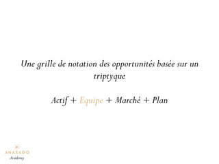 Une grille de notation des opportunités basée sur un
triptyque
Actif + Equipe + Marché + Plan
Academy
 