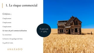 1. Le risque commercial
17
Critères :
L’emplacement
L’emplacement
L’emplacement
Le taux de pré-commercialisation
La concur...