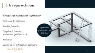 3. le risque technique
19
L’opérateur,l’opérateur,l’opérateur
Expérience des opérateurs
Stabilité financière
Complexités (...