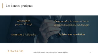 Propriété d’Anaxago, tous droits réservés -AnaxagoAcademy
Les bonnes pratiques
24
4.000  
Investisseurs
3 
ex. bénéficiair...