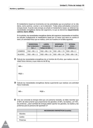 ©GRUPOANAYA,S.A.BiologíayGeología3.°ESO.Materialfotocopiableautorizado.
130
Nombre y apellidos:.....................................................................................................................................
Unidad 2. Ficha de trabajo VII
El metabolismo basal se incrementa con las actividades que se practican en la vida
diaria, como caminar, cocinar o ver la televisión. Todas estas actividades consumen
energía (kcal). Cuando esta energía se añade al metabolismo basal, se obtienen las
necesidades energéticas diarias del organismo, lo que se denomina requerimiento
calórico diario (RQD).
En la práctica, las necesidades energéticas diarias del organismo (expresadas en kcal/día)
se calculan multiplicando el metabolismo basal por un factor que tiene en cuenta el
sexo y la actividad física que se realiza, como se muestra en la tabla siguiente:
SEDENTARIA
(ver la televisión,
leer...)
LIGERA
(camareros,
trabajo de taller...)
MODERADA
(tenis, golf…)
INTENSA
(fútbol,
atletismo...)
HOMBRES RQD = MB x 1,2 RQD = MB x 1,56 RQD = MB x 1,78 RQD = MB x 2,1
MUJERES RQD = MB x 1,2 RQD = MB x 1,55 RQD = MB x 1,64 RQD = MB x 1,82
C Calcula las necesidades energéticas de un hombre de 45 años, que realiza una acti-
vidad física intensa y cuya masa es de 80 kg.
MB =
RQD =
D Calcula tus necesidades energéticas diarias suponiendo que realizas una actividad
física moderada.
MB = RQD =
E Una vez conocida la energía total que una persona necesita, se debe recordar que
el 60% de esta la tienen que proporcionar los glúcidos; el 30%, los lípidos, y el 10%,
las proteínas. ¿Qué cantidad de energía deben aportar los glúcidos, los lípidos y las
proteínas para la persona del apartado C?
NECESIDADES ENERGÉTICAS (kcal/día)
Glúcidos
Lípidos
Proteínas
 