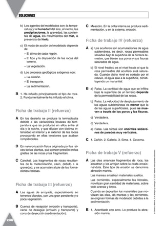 ©GRUPOANAYA,S.A.BiologíayGeología3.°ESO.Materialfotocopiableautorizado.
206
b) Los agentes del modelados son: la tempe-
ratura y la humedad del aire, el viento, las
precipitaciones, la gravedad, las corrien-
tes de agua, los movimientos del mar, la
presencia de hielo.
c) El modo de acción del modelado depende
de:
– El clima de cada región.
– El tipo y la disposición de las rocas del
terreno.
– La vegetación.
d) Los procesos geológicos exógenos son:
– La erosión.
– El transporte.
– La sedimentación.
B 1. Ha influido principalmente el tipo de roca.
2. Fundamentalmente ha influido el clima.
Ficha de trabajo II (refuerzo)
A En los desierto se produce la termoclastia
debido a las variaciones bruscas de tem-
peratura que se producen en ellos entre el
día y la noche, y que dilatan con distinta in-
tensidad el interior y el exterior de las rocas
provocando en ellas tensiones que acaban
rompiéndolas.
B Es meterorización física originada por las raí-
ces de las plantas, que ejercen presión en las
grietas de las rocas y las fragmentan.
C Canchal. Los fragmentos de rocas resultan-
tes de la meteorización, caen, debido a la
gravedad, y se acumulan al pie de las forma-
ciones rocosas.
Ficha de trabajo III (refuerzo)
A Las aguas de arroyada, especialmente en
terrenos blandos, con una gran pendiente y o
poca vegetación.
B Cuenca de recepción (erosión y transporte),
canal de desagüe (erosión y transporte) y
cono de deyección (sedimentación).
C Meandro. En la orilla interna se produce sedi-
mentación, y en la externa, erosión.
Ficha de trabajo IV (refuerzo)
A a) Los acuíferos son acumulaciones de agua
subterránea, es decir, rocas permeables
situadas bajo la superficie de la corteza te-
rrestre, que tienen sus poros y sus fisuras
saturados de agua.
b) El nivel freático es el nivel hasta el que la
roca permeable del acuífero está satura-
da. Cuando dicho nivel es cortado por el
relieve, el agua sale a la superficie, consti-
tuyendo un manantial.
B a) Falsa. La cantidad de agua que se infiltra
bajo la superficie de un terreno depende
de la permeabilidad de las rocas.
b) Falsa. La velocidad de desplazamiento de
las aguas subterráneas es menor que la
de las aguas superficiales, pues se mue-
ven a través de los poros y las fisuras.
c) Verdadera.
d) Verdadera.
e) Falsa. Las torcas son enormes socavo-
nes de paredes muy verticales.
C 1. Cañón. 2. Galería. 3. Sima. 4. Caverna.
Ficha de trabajo V (refuerzo)
A Las olas arrancan fragmentos de roca, los
arrastran y los arrojan sobre la costa erosio-
nándola. Este tipo de erosión se denomina
abrasión marina.
Las mareas arrastran materiales sueltos.
Las corrientes, especialmente las litorales,
movilizan gran cantidad de materiales, sobre
todo arenas y limos.
Cuando se depositan los materiales que mo-
vilizan las olas, las mareas y las corrientes,
se originan formas de modelado debidas a la
sedimentación.
B 1. Acantilado con arco. Lo produce la abra-
sión marina.
SOLUCIONESSOLUCIONES
 