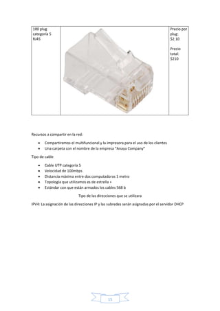 15 
100 plug 
categoría 5 
RJ45 
Precio por 
plug: 
$2.10 
Precio 
total: 
$210 
Recursos a compartir en la red: 
 Compartiremos el multifuncional y la impresora para el uso de los clientes 
 Una carpeta con el nombre de la empresa “Anaya Company” 
Tipo de cable 
 Cable UTP categoría 5 
 Velocidad de 100mbps 
 Distancia máxima entre dos computadoras 1 metro 
 Topología que utilizamos es de estrella + 
 Estándar con que están armados los cables 568 b 
Tipo de las direcciones que se utilizara 
IPV4: La asignación de las direcciones IP y las subredes serán asignadas por el servidor DHCP 
 