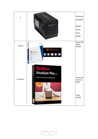 8 
9 
Precio por 
regulador 
: 
$290.0 
Precio 
total: 
$2610 
1 office 
1 antivirus 
Precio del 
office: 
$4,390 
Precio del 
antivirus: 
$200 
Total: 
$4,590 
 