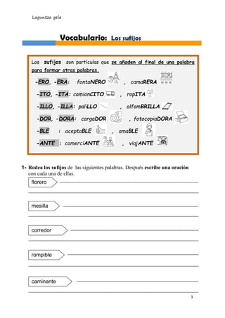 Laguntza gela
3
1- Rodea los sufijos de las siguientes palabras. Después escribe una oración
con cada una de ellas.
Vocabulario: Los sufijos
Los sufijos son partículas que se añaden al final de una palabra
para formar otras palabras.
-ERO, -ERA: fontaNERO , camaRERA
-ITO, -ITA: camionCITO , ropITA
-ILLO, -ILLA: paliLLO , alfomBRILLA
-DOR, -DORA: cargaDOR , fotocopiaDORA
-BLE : aceptaBLE , amaBLE
-ANTE : comerciANTE , viajANTE
florero
mesilla
corredor
rompible
caminante
 
