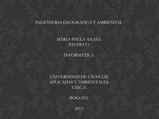 INGENIERIA GEOGRAFICA Y AMBIENTAL
MARIA PAULA ANAYA
PACHECO
INFORMATICA
UNIVERSIDAD DE CIENCIAS
APLICADAS Y AMBIENTALES
U.D.C.A
BOGOTA
2013
 