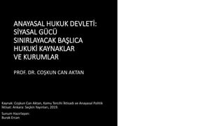 ANAYASAL HUKUK DEVLETİ:
SİYASAL GÜCÜ
SINIRLAYACAK BAŞLICA
HUKUKİ KAYNAKLAR
VE KURUMLAR
Kaynak: Coşkun Can Aktan, Kamu Tercihi İktisadı ve Anayasal Politik
İktisat: Ankara: Seçkin Yayınları, 2019.
Sunum Hazırlayan:
Burak Ercan
PROF. DR. COŞKUN CAN AKTAN
 