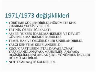 1971/1973 değişiklikleri YÜRÜTME GÜÇLENDİRİLDİ.HÜKÜMETE KHK ÇIKARMA YETKİSİ VERİLDİ. TRT NİN ÖZERKLİĞİ KALKTI. ASKERİ YÜKSEK İDARE MAHKEMESİ VE DEVLET GÜVENLİK MAHKEMESİ KURULDU. TEMEL HAK VE ÖZGÜRLÜKLER SINIRLANDIRILDI. YARGI DENETİMİ SINIRLANDIRILDI. KÜÇÜK PARTİLERİN İPTAL DAVASI AÇMASI YASAKLANDI.ANAYASA MAHKEMESİ ANAYASA DEĞİŞİKLİKLERİNİ ANCAK ŞEKİL YÖNÜNDEN İNCELER HÜKMÜ GETİRİLDİ. NOT: DGM 2004TE KALDIRILDI. 