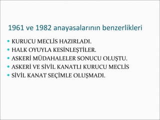 1961 ve 1982 anayasalarının benzerlikleri KURUCU MECLİS HAZIRLADI. HALK OYUYLA KESİNLEŞTİLER. ASKERİ MÜDAHALELER SONUCU OLUŞTU. ASKERİ VE SİVİL KANATLI KURUCU MECLİS SİVİL KANAT SEÇİMLE OLUŞMADI. 