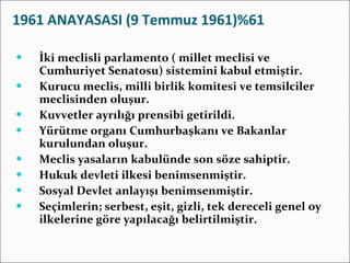 1961 ANAYASASI (9 Temmuz 1961)%61 İki meclisli parlamento ( millet meclisi ve Cumhuriyet Senatosu) sistemini kabul etmiştir. Kurucu meclis, milli birlik komitesi ve temsilciler meclisinden oluşur. Kuvvetler ayrılığı prensibi getirildi. Yürütme organı Cumhurbaşkanı ve Bakanlar kurulundan oluşur. Meclis yasaların kabulünde son söze sahiptir. Hukuk devleti ilkesi benimsenmiştir. Sosyal Devlet anlayışı benimsenmiştir. Seçimlerin; serbest, eşit, gizli, tek dereceli genel oy ilkelerine göre yapılacağı belirtilmiştir.  