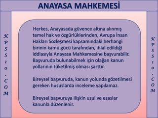 ANAYASA MAHKEMESİ

    Herkes, Anayasada güvence altına alınmış
K   temel hak ve özgürlüklerinden, Avrupa İnsan
                                                    K
P   Hakları Sözleşmesi kapsamındaki herhangi
                                                    P
S   birinin kamu gücü tarafından, ihlal edildiği    S
S   iddiasıyla Anayasa Mahkemesine başvurabilir.    S
1   Başvuruda bulunabilmek için olağan kanun        1
0   yollarının tüketilmiş olması şarttır.           0
.                                                   .
C   Bireysel başvuruda, kanun yolunda gözetilmesi   C
    gereken hususlarda inceleme yapılamaz.          O
O
                                                    M
M
    Bireysel başvuruya ilişkin usul ve esaslar
    kanunla düzenlenir.
 