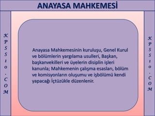 ANAYASA MAHKEMESİ


K
                                                  K
P                                                 P
S   Anayasa Mahkemesinin kuruluşu, Genel Kurul    S
S   ve bölümlerin yargılama usulleri, Başkan,     S
1   başkanvekilleri ve üyelerin disiplin işleri   1
0                                                 0
    kanunla; Mahkemenin çalışma esasları, bölüm
.                                                 .
    ve komisyonların oluşumu ve işbölümü kendi
C                                                 C
    yapacağı İçtüzükle düzenlenir.                O
O
                                                  M
M
 