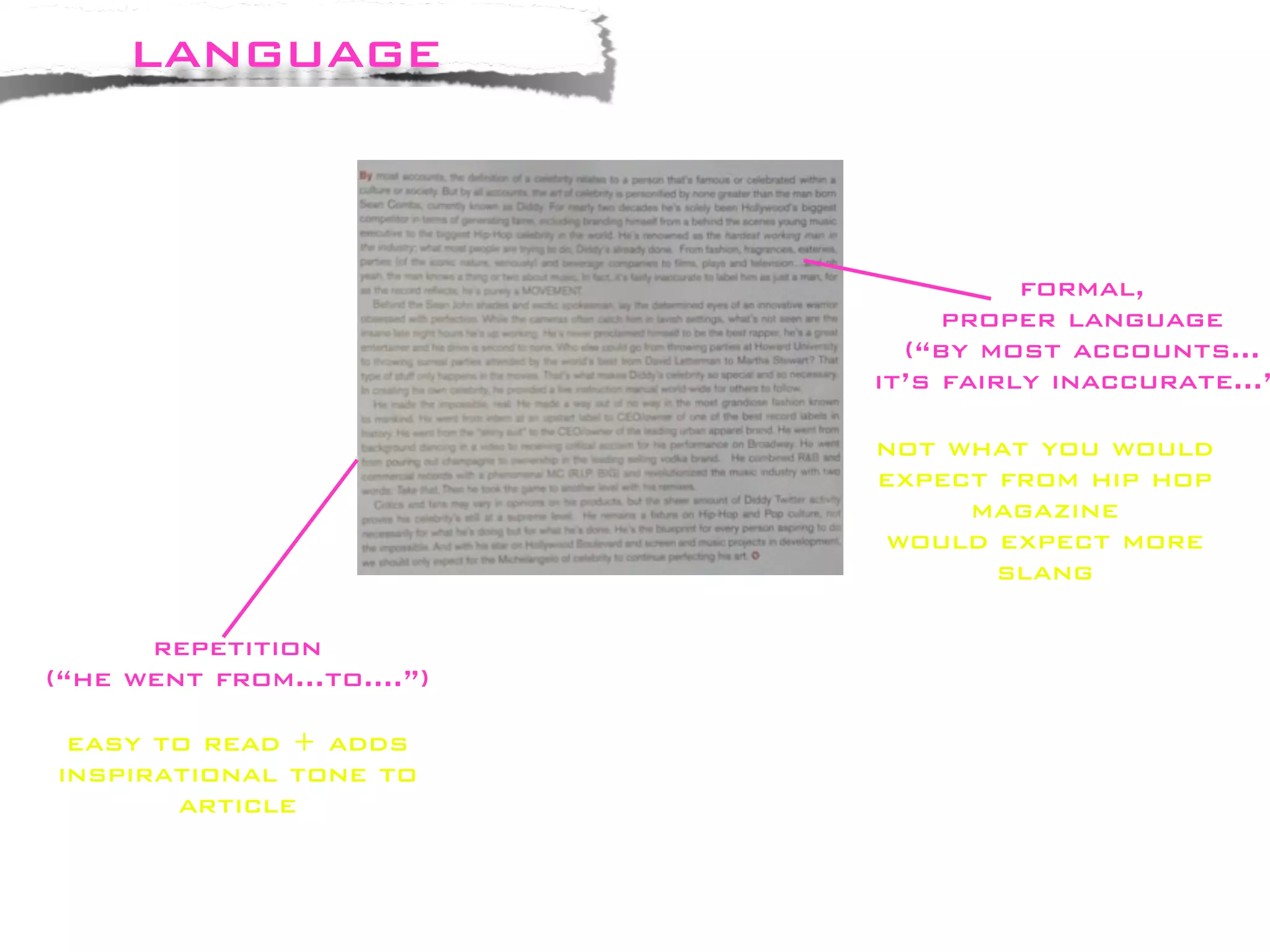 language


                                      formal,
                                 proper language
                              (“by most accounts...
                            it’s fairly inaccurate...”

                            not what you would
                            expect from hip hop
                                 magazine
                            would expect more
                                   slang

      repetition
(“he went from...to....”)

 easy to read + adds
inspirational tone to
       article
 