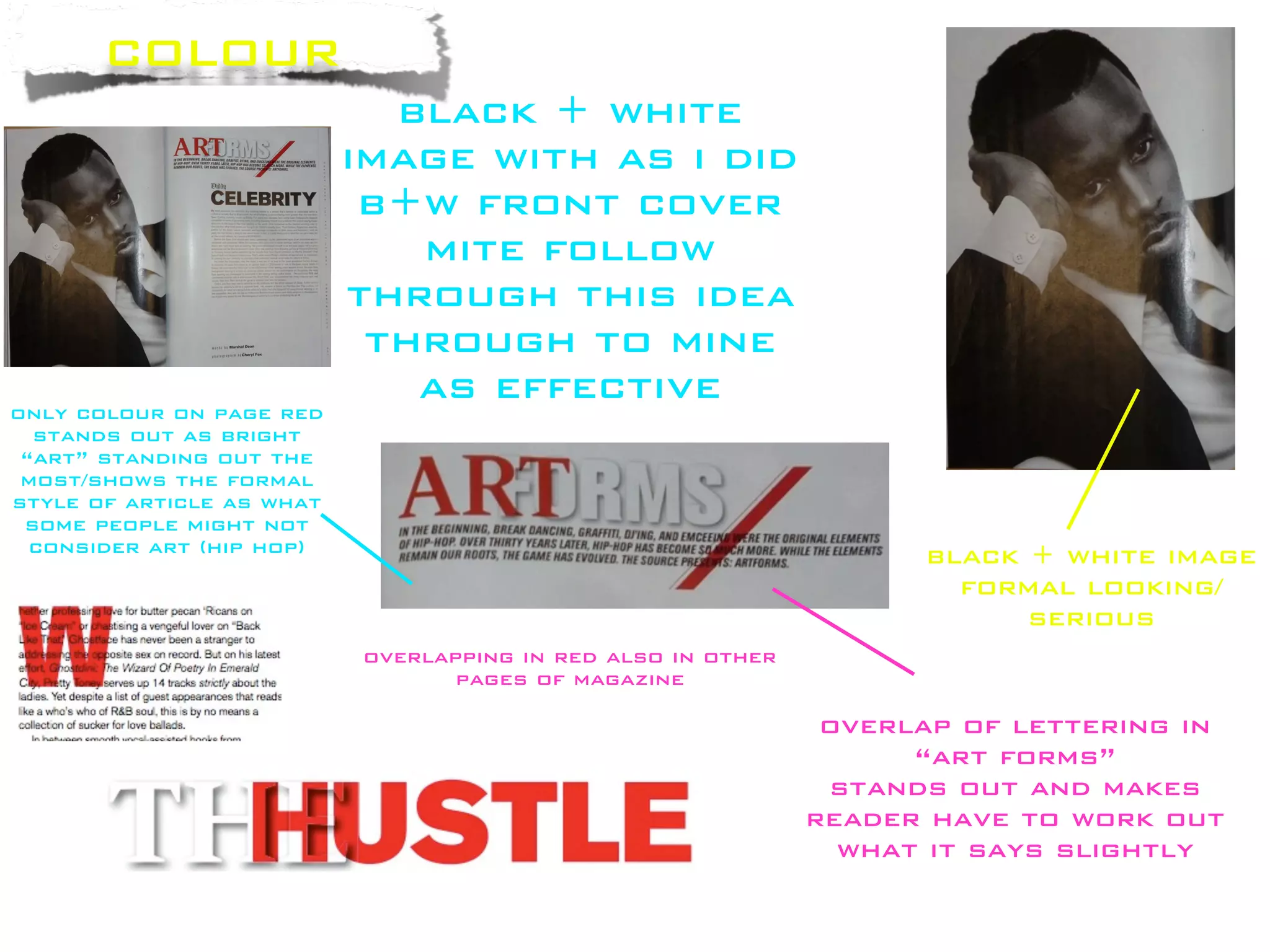 colour
                             black + white
                           image with as i did
                            b+w front cover
                              mite follow
                           through this idea
                            through to mine
only colour on page red
                              as effective
  stands out as bright
 “art” standing out the
 most/shows the formal
style of article as what
 some people might not
  consider art (hip hop)                                            black + white image
                                                                      formal looking/
                                                                          serious
                           overlapping in red also in other
                                  pages of magazine

                                                               overlap of lettering in
                                                                    “art forms”
                                                               stands out and makes
                                                              reader have to work out
                                                                what it says slightly
 