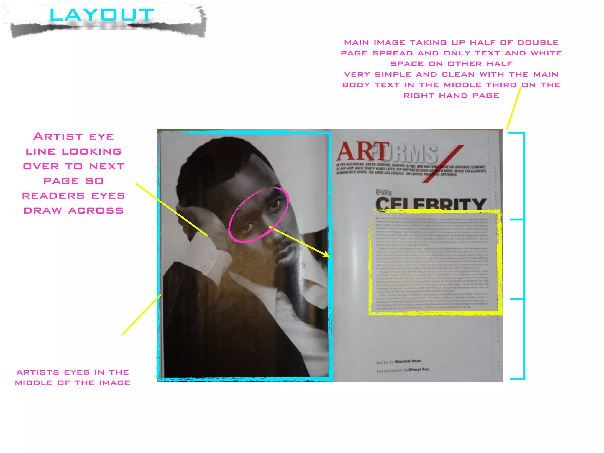 layout
                      main image taking up half of double
                      page spread and only text and white
                               space on other half
                       very simple and clean with the main
                      body text in the middle third on the
                                 right hand page


  Artist eye
 line looking
 over to next
    page so
 readers eyes
 draw across




artists eyes in the
middle of the image
 