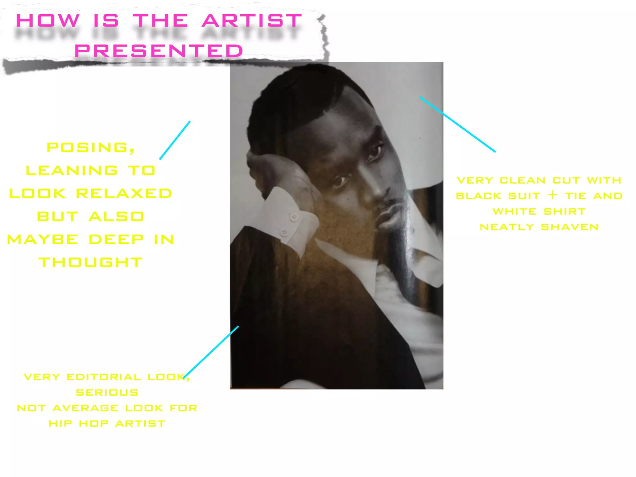 how is the artist
   presented


   posing,
 leaning to             very clean cut with
look relaxed            black suit + tie and
  but also                  white shirt
                           neatly shaven
maybe deep in
  thought




 very editorial look,
       serious
not average look for
    hip hop artist
 