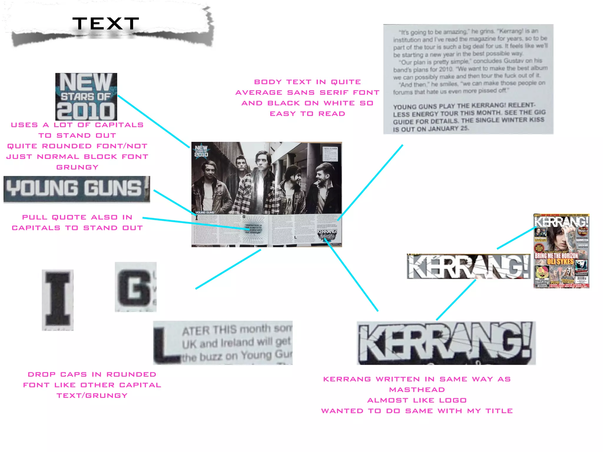 text
                               body text in quite
                            average sans serif font
                             and black on white so
                                 easy to read
 uses a lot of capitals
     to stand out
quite rounded font/not
just normal block font
        grungy



  pull quote also in
capitals to stand out




   drop caps in rounded                  kerrang written in same way as
  font like other capital                          masthead
       text/grungy                              almost like logo
                                         wanted to do same with my title
 