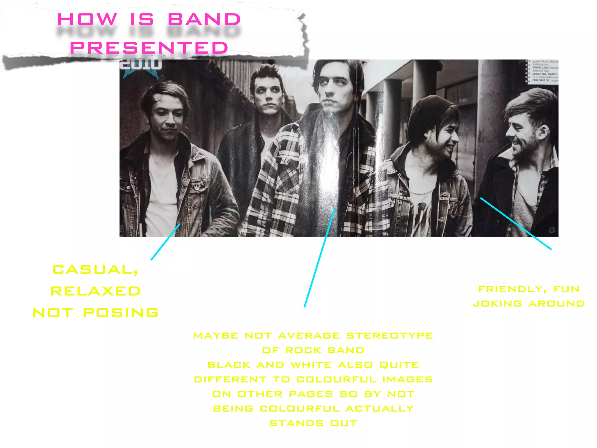 how is band
  presented




 casual,
 relaxed                                      friendly, fun
                                             joking around
not posing
             maybe not average stereotype
                      of rock band
               black and white also quite
             different to colourful images
                on other pages so by not
                being colourful actually
                       stands out
 