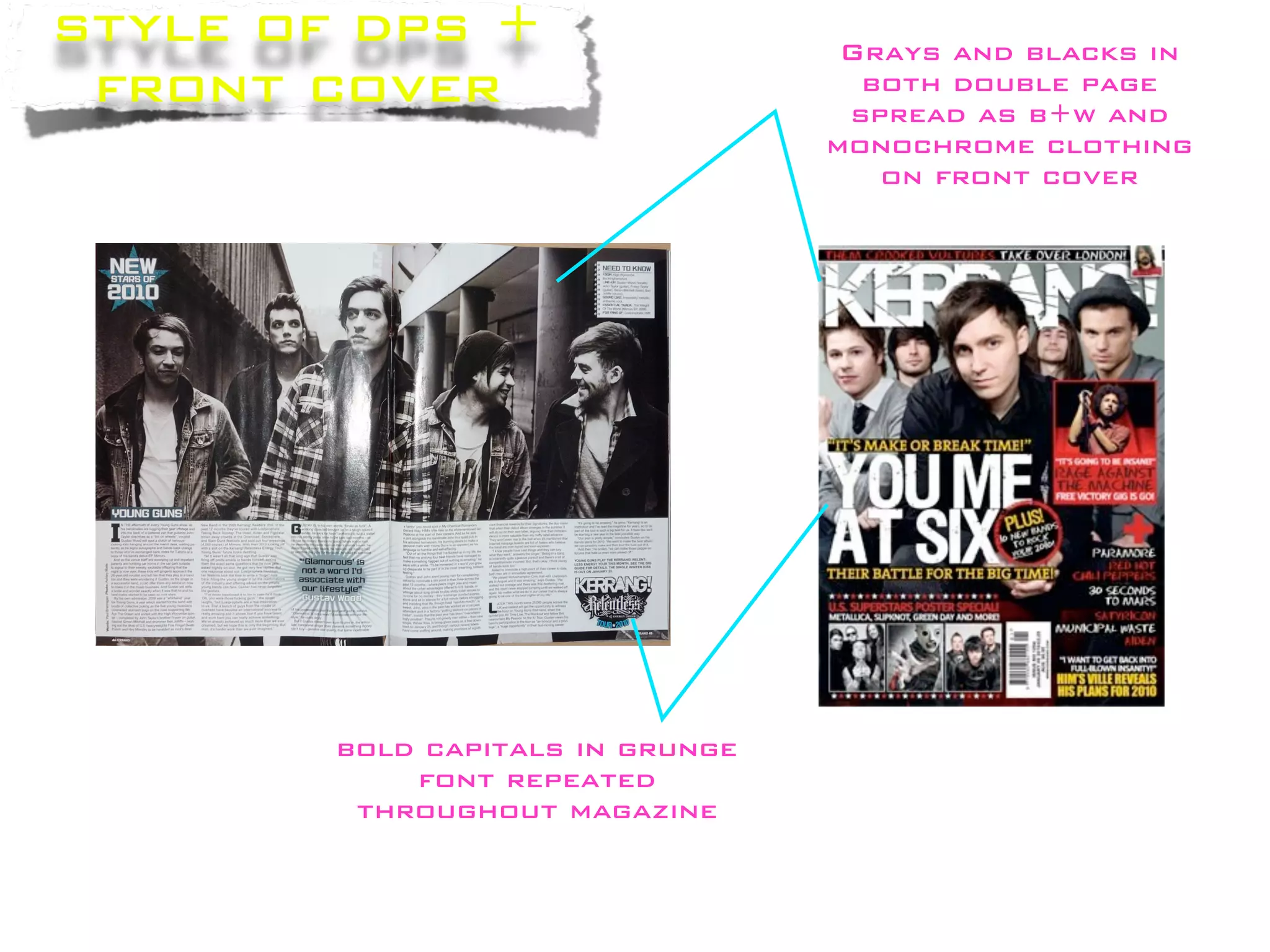 style of dps +                     Grays and blacks in
 front cover                        both double page
                                   spread as b+w and
                                  monochrome clothing
                                     on front cover




        bold capitals in grunge
            font repeated
         throughout magazine
 