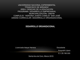 UNIVERSIDAD NACIONAL EXPERIMENTAL
“FRANCISCO DE MIRANDA”
ÁREA: CIENCIAS DE LA EDUCACIÓN
PROGRAMA: DESARROLLO EMPRESARIAL
MUNICIPALIZACIÓN- UNEFM
COMPLEJO: “HEROÍNA JOSEFA CAMEJO” SAN JOSÉ
UNIDAD CURRICULAR: DESARROLLO ORGANIZACIONAL
DESARROLLO ORGANIZACIONAL
Licenciada Isleyer Herrera Estudiante
Anayreth López
C.I. 20.190.555
Santa Ana de Coro, Marzo 2015
 