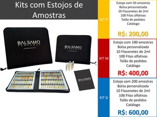 Kits com Estojos de Amostras 
KIT P 
KIT M 
KIT G 
Estojo com 50 amostras Bolsa personalizada 10 Flaconetes de 2ml 100 Fitas olfativas Talão de pedidos Catálogo 
Estojo com 100 amostras 
Bolsa personalizada 
10 Flaconetes de 2ml 
100 Fitas olfativas 
Talão de pedidos 
Catálogo 
Estojo com 200 amostras Bolsa personalizada 10 Flaconetes de 2ml 100 Fitas olfativas Talão de pedidos Catálogo 
R$: 200,00 
R$: 400,00 
R$: 600,00  