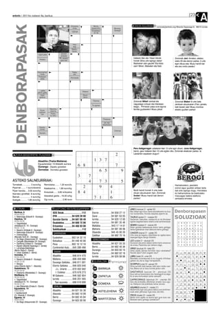 anboto 2011ko irailaren 9a, barikua                                                                                                                                                                             23
                                                                                                                                                                                                                           A
    DENBORAPASAK                                                        Zuhaixka
                                                                          mota
                                                                         * IZENA
                                                                                                 Mortu,
                                                                                               basamortu
                                                                                               Erabiltzen
                                                                                                 ari da
                                                                                                                          Birrindu,
                                                                                                                          desegin
                                                                                                                                           ZORION AGURRAK                 zorionak@anboto.org•Bixente Kapanaga 9, 48215 Iurreta




                                                                          Hori
                                                                          argi
                                                                         Baldin-
                                                                         tzetan
                                                            Zorrien
                               * DEITURA                   arrautza
                                                          Pl., etxeko                                                                        Irailaren 9an eta 10ean bikote                    Zorionak Jon! Amatxo, aitatxo,
                                 Hedatu                    gela bat                                                                          honek 33na urte egingo dabe!                      izeko Eli eta denon partez, 5 urte
                                                                                                                                             Bazkarian zain gaude! Eta iloba                   egin dituzu-eta. Musu handi bat
                                                                                                                                             zain! Miren, Matxalen eta Xabi                    eta oso ondo pasatu!

                               Hausnarkari                                  Trebe,
                                  mota                                       iaio
                                Fisikaren
                                  atala                                 Aitortzaile




                                 ... gabe,
                               atertu gabe                                            Sobera
                                    Hizki                                             Gizon
                                 grekoa                                               izena
                                                                                                Titanioa                                     Zorionak Mikel! zenbat eta                        Zorionak Malen! 8 urte bete
                                                                                                                                             nagusiago orduan eta interesan-                   zenituen abuztuaren 27an, jarraitu
                                                                                               Tu eginez
                                                                                                                                             teago... Primeran pasa zure eguna                 beti bezain alai! Musu mordoa
                                              Neurrira                                                                                       familia guztiarekin! Musu piloa!                  etxeko guztien partez!
                                  Euria       ekarria
                                 egiteari
                                   utzi        Txistu,
                                              tu, listu
                                                                                                            Potasioa
                                                                                                              Idi, hitz
                                                                                                            elkarketan
                                 Xalota-
                                 sunez
                                                                                                                          Uranioa
                                 Hautatu




                                                                                                                                             Peru Astigarragak uztailaren 9an 12 urte egin zituen. June Astigarragak,
                                                                                                                                             berriz, gaur irailaren 9an 10 urte egiten ditu. Zorionak etxekoen partez. Ia
                                                                                                                                             Laixiarren ospatzen dugun!
AZOKA-BASERRITIK PLAZARA

                               Abadiño (Traña-Matiena) -
                               Eguaztenetan 10:00etatik aurrera
                               Durango - Zapatu goizetan
                               Zornotza - Domeka goizetan



ASTEKO SALNEURRIAK:
Tomateak.............. 3 euro/kg       Remolatxa........ 1,20 euro/tx                                                                                                                          Hamabostero, jasotako
Piperrak........ 1 euro/dozena         Kalabazina...... 1,80 euro/kg                                                                                                                           zorion-agur guztien artean tarta
Piper handia.... 3,50 euro/kg                                                                                                                Mutil handi honek 4 urte bete                     bat zotz egingo dugu. Horretara-
                                       Arrautzak...... 3,60 e/dozena                                                                         zituen abuztuaren 4an. Zorionak
Ibarrako gindillak. 8 euro/kg                                                                                                                                                                  ko beharrezkoa da bialdutako
                                       Idiazabal gazta....16,50 e/kg                                                                         Ander! Musu handi bat denon                       mezuagaz batera telefono
Bainak.................. 4 euro/kg
                                                                                                                                             partez!                                           zenbakia emotea.
Azelgak........... 1,80 euro/kg        Ogi zuria............... 2,90 euro



 BOTIKAK                                         TELEFONO INTERESGARRIAK                                                                 ARIES (martxoak 21 - apirilak 20)
  Barikua, 9                                     SOS Deiak............................112      Elorrio ..................94 658 27 12
                                                                                                                                         Bai, irabazi egin duzu, baina esandakoekin ez duzu
                                                                                                                                         inor konbentzitu. Horrela irabaztea alperrik da.
                                                                                                                                                                                               Denborapasen
  09:00-09:00
                                                 DYA ......................94 620 28 00        Garai ....................94 681 63 93
  • Balenciaga (Ezkurdi 8 - Durango)
  Zapatua, 10                                    Gurutze Gorria ....94 681 09 49               Iurreta .................. 94 620 12 00
                                                                                                                                         TAURUS (apirilak 21 - maiatzak 20)
                                                                                                                                         Gaztaroan, batzuetan, maitasuna ez da bihotzean
                                                                                                                                                                                               SOLUZIOAK
  09:00-09:00                                                                                                                            egoten, begietan baino. Aztertu ondo sentimenduak.
  • Sagastizabal                                 Osakidetza ............94 600 72 00           Izurtza ..................94 681 35 48
  (Askatasun Et. 19 - Durango)                                                                 Mallabia ................943 17 14 61     GEMINI (maiatzak 21 - ekainak 20)
                                                 Ertzaintza ............94 466 93 00                                                     Eduki gordeta badaukazula diozun baino gehiago;
  09:00-13:30
  • Navarro (Artekale 6 - Durango)               Suhiltzaileak ........................112     Mañaria ................94 681 89 98      berba egiterakoan esan dakizuna baino gutxiago.
  • Balenciaga (Ezkurdi 8 - Durango)
                                                   GARRAIOAK                                   Otxandio .............. 945 45 00 20      CANCER (ekainak 21 - uztailak 20)
  • Unamunzaga                                                                                 Zaldibar ................94 682 70 16     Urte osoa jai bagenu, dibertitzea lan egitea baino
  (Murueta Torre 2C - Durango)                   Euskotren ..............902 54 32 10                                                    aspergarriagoa izango litzateke.
  • De Diego (Intxaurrondo 22 - Durango)                                                        UDALTZAINGOA
  • Campillo (Montebideo 24- Durango)            Bizkaibus ............94 448 40 80                                                      LEO (uztailak 21 - abuztuak 23)
  • SanRoma (Uribarri 5 - Durango)                                                             Abadiño ..............94 621 55 33        Gurasoen eta seme-alaben arteko hartu-emana ez
                                                 Pesa ....................902 10 12 10                                                   da erraza. Pazientzia izan beharra dago.
  • Irigoien (Bixente Kapanaga 3 - Iurreta)                                                    Berriz ....................94 682 40 36
  • Larrañaga-Balentziaga                        Continental Auto ....945 286 466                                                        VIRGO (abuztuak 24 - irailak 23)
  (Berrio Otxoa 6 - Elorrio)                                                                   Durango ..............94 603 00 10        Zelan azaldu bihotza birrintzen dizun atsekabea?
  • Urizar (Gabiola 2 - Berriz)                    TAXIAK                                                                                Nondik dator? Zerk eragiten dizu?
                                                                                                                                                                                                A T U        A U K E R
                                                                                               Elorrio ..................94 682 02 18
  Domeka, 11                                     Abadiño ................946 814 470                                                                                                            K I            X A L O
  09:00-09:00                                                                                  Iurreta ..................94 620 08 88    LIBRA (irailak 24 - urriak 23)
  • Navarro (Artekale 6 - Durango)               Matiena ..................606 459 988                                                   Benetako zoriontasunak ez du mugarik. Infinitoan       U   K        A T E R T
  09:00-22:00                                                                                  EGURALDIA                                 galtzen da, eta ez dago harrapatzerik.
                                                 Durango Geltokia ....946 811 001
  • Bengoa                                                                                                                               SCORPIUS (urriak 24 - azaroak 23)                      T U A            D O I
  (Jose Antonio Agirre 1 - Atxondo)              Elorrio Geltokia ......946 820 040            18                                        Dirua aurretik dela bazoaz, bide asko irekiko zaiz-      T I        D E L T A
  Astelehena, 12                                    J.L. Uriarte ........670 402 002            28o BARIKUA                              kizu. Baina zuk ez duzu horrela jardun nahi.
  09:00-09:00                                                                                                                                                                                   L A R          T A I
  • Etxebarria (Montebideo 2 - Durango)             I. Estebez ..........670 678 273                                                     S A G I T A R I U S (azaroak 24 - abenduak 23)
                                                                                               15                                        Ikusi nahi ez duena baino itsu handiagorik ez dago.
  Martitzena, 13                                 M Galeano..............946 582 854                                                                                                             I K A        M E K A N
  09:00-09:00                                                                                   31 ZAPATUA
                                                                                                     o
                                                                                                                                         Ez al zara konturatzen behar zaituela?
  • Sagastizabal                                 Iurreta ..................946 201 565                                                   C A P R I C O R N U S (abenduak 24 - urtarrilak 20)    B I L          Ñ U   A
                                                                                               14
  (Askatasun Et. 19 - Durango)                     Taxi auzunea ......688 618 690                                                        Goiz eta arratsalde, alferkerian ematen duzu egu-
  09:00-22:00                                                                                   26o DOMEKA                               na. Hobbyren bat praktikatu behar zenuke.
                                                                                                                                                                                                A Z I        K A S A R
  • Jaio-Olabarrieta (Erreka 6 - Elorrio)          UDALAK                                                                                AQUARIUS (urtarrilak 21 - otsailak 21)                 R T Z          C   B A
  Eguaztena, 14                                                                                15
                                                 Abadiño ..............94 621 55 30                                                      Maitemindu egin zara, eta ez dakizu zure sentimen-
  09:00-09:00                                                                                   25o ASTELEHENA                           duak zelan jakinarazi. Egia esan, eta kitto.
                                                                                                                                                                                                A R U                L
  • Gaztelumendi                                 Atxondo ..............94 682 10 09
  (F.J. Abasolo 2 -Durango)                                                                     13                                       PISCIS (otsailak 22 - martiak 20)                      D I A              L I
  Eguena, 15                                     Berriz ....................94 682 45 84                                                 Beste inork egiten ez duena egin gura duzu zuk.
  09:00-09:00                                                                                   26o MARTITZENA                           Besteak baino gehiago zarelakoan?
                                                                                                                                                                                                  Z                  O
                                                 Durango ..............94 603 00 00
  • De Diego (Intxaurrondo 22 - Durango)
 