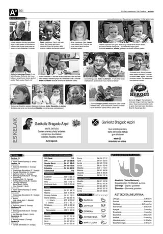 A
ZORION AGURRAK
              30                                                                                                                                                                  2012ko maiatzaren 18a, barikua anboto



                                                                                                                                                             zorionak@anboto.org • Eguazteneko arratsaldeko 14:00ak arteko epea




 Urteak betetzen ditudan bakoitzean          Naiak maiatzaren 13an 6 urte bete                Bihar, maiatzaren 19an, Loreak
 legez, Juanik esaten dit bihotzak su        zituen. Beti bezain jator jarrai                 8 urte beteko ditu. Zorionak eta              15Mren inspirazio iturri gara, eta ez dugu hatzamarrik sartzen ahoan:
 hartzen diola. Aurten prest nago ez         dezazula! Musu bat guraso, aitita-               musu handi handi bat zure                     kolunpioa kentzen badiguzue… Edozertarako kapaz gara!
 dezan su hartu Matienak! Zorionak!          amama, osaben eta lagunen partez!                familiaren partez!                            Zorionak Andoni eta Joseba, gurasoen eta familia osoaren partez!




                                                                                                                                                                                                  Zorionak mutil! Ritmo horretan
Araitz Arrizabalaga Zuazok 3 urte                                                                                                                                                                 laster etxeko altuena! Zorionak
bete ditu gaur. Zorionak eta musu        Etxeko neskatilak 7 urte bete zituen maiatzaren 16an eta bere                                                                                            Iurretatik Josu, aittitte, Uxue eta
bat gure sorgintxoari etxeko guztion     neba txikiak 3 hilabete egingo ditu maiatzaren 23an. Zorionak             Gure lehengusuek, Eneko eta Beñatek, 11 urte bete dabez                        Anartzen partez. Eta besarkada
partez! Baita osaba Iñigori ere!         Amets eta Maren! Musuak amama eta aitxitxaren partez.                     martitzenean. Zorionak eta musu handi bat bikote!                              bat etxekoen partez!




                                                                                                                                                                                                 Zorionak Iñigori! Hamabostero
                                                                                                                                                                                                 zotz egin dugun tarta zuri egokitu
                                                                                                                              Zorionak Angel Loroño! Maiatzaren 23an urteak                      zaizu. Oparia eskuratzeko txarte-
 Zoriooonak Abadiñon jaiotako Maiatzeko loratxoei: Anetxi, Manetxito eta Jontxu!                                              betetzen ditu. Zure iloba Elene, etxeko printzesi-                 la gura duzunean jaso dezakezu,
 Apirilekoa izan arren zuri be zorionak Madditxi zure lehenengo urtebetetzean!                                                ta eta etxekoen partez! Musu potolo bat!                           Bixente Kapanaga 9an.
    ESKELAK




BOTIKAK                                          TELEFONO INTERESGARRIAK                                                                                          AZOKA-BASERRITIK PLAZARA
 Barikua, 18                                      SOS Deiak ......................................112   Elorrio ..............................94 658 27 12
 09:00-09:00
 • Irigoien (Bixente Kapanaga 3 - Iurreta)        DYA ..................................94 620 28 00    Garai ................................94 681 63 93
 Zapatua, 19                                      Gurutze Gorria ................94 681 09 49           Iurreta ..............................94 620 12 00
 09:00-09:00                                      Osakidetza ......................94 600 72 00         Izurtza ..............................94 681 35 48
 • Etxebarria (Montebideo 2 - Durango)
 09:00-13:30                                      Ertzaintza ........................94 466 93 00       Mallabia ............................943 17 14 61
 • Unamunzaga (Muruetatorre 2C - Durango)         Suhiltzaileak ..................................112   Mañaria ............................94 681 89 98
 • Campillo (Montebideo 24- Durango)                                                                    Otxandio ..........................945 45 00 20
 • SanRoma (Uribarri 5 - Durango)                  GARRAIOAK
 • Balenciaga (Ezkurdi plaza 8 - Durango)                                                               Zaldibar ............................94 682 70 16
 • Sagastizabal                                   Euskotren ........................902 54 32 10
   (Askatasun Etorb. 19 - Durango)                                                                      UDALTZAINGOA
                                                  Bizkaibus ..........................94 448 40 80
 • De Diego (Intxaurrondo 22 - Durango)                                                                 Abadiño ............................94 621 55 33               Abadiño (Traña-Matiena) -
 • Larrañaga-Balentziaga                          Pesa ................................902 10 12 10
                                                                                                        Berriz................................94 682 40 36             Eguaztenetan 10:00etatik aurrera
   (Berrio Otxoa 6 - Elorrio)                     Continental Auto................945 28 64 66
 • Urizar (Gabiola 2 - Berriz)                                                                          Durango............................94 603 00 10                Durango - Zapatu goizetan
 09:00-14:00                                       TAXIAK
                                                                                                        Elorrio ..............................94 682 02 18             Zornotza - Domeka goizetan
 • Irigoien (Bixente Kapanaga 3 - Iurreta)        Abadiño ............................94 681 44 70
 Domeka, 20                                                                                             Iurreta ..............................94 620 08 88
 09:00-09:00                                      Matiena ............................606 45 99 88
 • Unamunzaga (Muruetatorre 2C - Durango)         Durango Geltokia ..............94 681 10 01            EGURALDIA                                                     ASTEKO SALNEURRIAK:
 09:00-22:00
 • Bengoa                                         Elorrio Geltokia..................94 682 00 40          11
                                                                                                                                                                    Letxuga.................................................... 0,80 euro
   (Jose Antonio Agirre 1 - Atxondo)                 J.L. Uriarte ..................670 40 20 02           18o BARIKUA                                              Porruak.................................................. 1,80 euro/tx
 Astelehena, 21                                      I. Estebez ....................670 67 82 73
 09:00-09:00                                                                                               9                                                        Kalabaza............................................... 2,20 euro/kg
 • SanRoma (Uribarri 5 - Durango)                 M Galeano ........................670 40 93 30           16o ZAPATUA
 Martitzena, 22                                                                                                                                                     Azenarioak.......................................... 1,50 euro/tx
                                                  Iurreta ..............................94 620 15 65
 09:00-09:00                                                                                              9                                                         Azelgak...................................................... 2 euro/kg
 • Balenciaga (Ezkurdi plaza 8 - Durango)           Taxi auzunea..................688 61 86 90
 09:00-22:00
                                                                                                           14o DOMEKA                                               Bruselazak................................................. 3 euro/kg
                                                   UDALAK
 • Jaio-Olabarrieta (Erreka 6 - Elorrio)                                                                  9                                                         Espinakak.............................................. 1,50 euro/tx
 Eguaztena, 23                                    Abadiño ............................94 621 55 30
 09:00-09:00                                                                                               17o ASTELEHENA                                           Indabak.................................................... 15 euro/kg
 • Navarro (Artekale, 6, Durango)                 Atxondo ............................94 682 10 09
                                                                                                          12                                                        Idiazabal gazta.......................................16,50 e/kg
 Eguena, 24                                       Berriz................................94 682 45 84
 09:00-09:00                                      Durango............................94 603 00 00
                                                                                                           18o MARTITZENA                                           Espeltazko ogia...................................... 3,60 euro
 • Campillo (Montebideo 24- Durango)
 