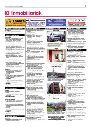 2013ko maiatzaren 10a, barikua | anboto 	 21
Inmobiliariak
ETXEBIZITZAK ALOKAIRUAN
DURANGO
• 2, 3 eta logela bakarreko etxebizitzak
alokairuan
ETXEBIZITZAK SALGAI
DURANGO
• ARTEKALEA: 8 etxebizitzen eraikuntza hastera
goaz. 2 logela eta logela bakarrekoak.
Trastelekuarekin. 140.000E -tik aurrera.
• SAN IGNAZIO AUZUNEA: 3 logela, 2 komun,
sukaldea eskegitokiarekin eta egongela
balkoiarekin. Etxe osoak kanpora ematen du.
Garajea eta trastelekua. Igerilekuarekin.
• DURANGO: 2 logela, egongela, komuna,
sukaldea eta despentsa. Berriztatzeko. 114.000E
• ERDIALDEAN: 2 logela, 2 komun, egongela
eta sukaldea. Berria eta guztiz jantzia. Garajea
eta trastelekua.
• ASKATASUN ETORBIDEA: 3 logela, 2 komun,
egongela eta sukaldea balkoiarekin.
Trastelekua eta garajea.
• FRANTZISKO IBARRA: 3 logela, sukaldea,
office-a, 2 komun eta egongela. Garajea eta
ganbara.
• ERDIALDEAN: 123 m2. Etxe osoak kanpora
ematen du. Berriztatzeko. Zonalde onean
kokatua.
• ATIKO BERRIA ESTREINATZEKO. 2 logela,
2 komun eta sukalde amerikarra eta egongela.
Garaje itxia eta terraza izugarriak.
• BARRENKALE: Duplexak. Eraikuntza berria.
Berehalako banaketa. 2 logela, 2 komun,
egongela eta sukalde amerikarra.
LEKEITIO	
• 3 logela, komuna, sukaldea eta egongela
terrazarekin. Garajea. Auzune pribatua.
Igerilekua eta frontoia.
ABADIÑO
• 2 logela, 2 komun, sukalde-jangela, egongela
eta eskegitokia. Garajea, trastelekua eta
ganbara. Ikusgarria.
ATXONDO
• 2 logela, komuna, sukaldea balkoiarekin,
egongela eta bainugela. Etxe osoak kanpora
ematen du. Berria ematen du.
ZALDIBAR
• 3 logela, komuna, sukaldea eta egongela
balkoiarekin. Guztiz berriztatua. Trastelekua.
LUR SAILAK SALGAI
BERRIZ
• 10.000 m2-ko lursaila. Sarbide ona.
IURRETA
• 5 hektareako lursaila. Abeletxe bat egiteko
aukera dago.
MATIENA-ABADIÑO
• 2.000 m2-ko lursaila. Laua eta fruta-arbolekin.
OLETA (OTXANDIO)
• 2.300 m2. Fruta-arbolak eta abeletxea ditu.
Erreka ondoan kokatuta dagoen lursaila.
EUBA
• 3.000 m2 eta 3.455 m2-ko lursailak. 2 lur zati,
bakoitzean familia biko etxebizitza eraikitzeko
aukerarekin.
ABADIÑO
• Familia biko etxebizitza eraikitzeko 1.100 m2-ko
lursaila salgai.
DURANGO
• Lursail erdia familia biko etxebizitza eraikitzeko.
Proiektua barne.
BASERRIAK SALGAI
IZURTZA
•Baserria salgai lorategi itxiarekin. Ortu eta
lursailekin. Durangotik 5 minutura.
ETXEBIZITZAK SALGAI
• DURANGO-ERRETENTXU: Salgai. Adosatuak
eraikitzen.
• ABADIÑO, OTXANDIO, etab…
ETXEBIZITZAK SALGAI
• ANDRA MARIA: Halla, sukaldea, jangela,
egongela, 2/3 logela, 2 komun eta
egongelatxoa.
• ANTSO EZTEGIZ: Halla, egongela, sukaldea,
2 logela eta komuna.
• BARRENKALEA: Halla, sukaldea, egongela,
komuna eta 2/3 logela. Ganbara.
• BERNARDO GABIOLA: Halla, sukaldea,
egongela, 2 logela eta komuna. Guztiz
berriztatua. Terraza. Garajea aukeran.
• GALLANDA: Estreinatzeko. Halla, sukaldea,
egongela, logela bakarra edo 3 logela, komun
bakarra edo 2 komun eta balkoia. Ganbara eta
garajea.
• EZKURDI: Halla, egongela-jangela, sukalde
jantzia, 3/4 logela eta 2 komun.
• F.J. ZUMARRAGA: Halla, 2 egongela, sukaldea,
3 logela eta komuna.
• JUAN DE ITZIAR: Halla, egongela, sukaldea,
2/3 edo 4 logela eta komuna. 2 despentsa/
trasteleku eta sotoa.
• KOMENTUKALEA: Halla, sukaldea,
egongela-jantokia, 4 logela eta komuna.
Ganbara.
• MURUETATORRE: Halla, sukaldea, eskegitokia,
egongela-jangela, 3 logela eta 2 komun.
Balkoia. Ganbara eta garajea.
• OÑITURRI: Halla, sukaldea, eskegitokia,
sukaldea, 3 logela, egongela-jangela eta
2 komun. Balkoia. Ganbara eta garajea.
• PLATERUEN PLAZA: Halla, egongela, jangela,
sukalde jantzia, 4 logela eta 3 komun. Garajea
eta trastelekua.
• TXATXIENA: Halla, sukaldea, despentsa,
egongela-jangela eta 3 logela. Balkoia.
Ganbara eta garajea.
• SASIKOA: Halla, sukaldea, egongela-jangela,
3 logela eta 2 komun. Ganbara eta garajea.
• IBAIZABAL: Halla, sukaldea, egongela, logela
eta komuna. Ganbara eta garajea.
• ASKATASUN ETORBIDEA: Halla, sukaldea,
egongela, 3 logela eta 2 komun. Balkoia.
Ganbara eta garajea.
• SAN AGUSTIN: Halla, sukaldea, 5 logela,
egongela eta 3 komun.
• ABADIÑO-SAN TROKAZ: Halla, sukaldea,
2 logela, egongela eta komuna. Lorategia.
Trastelekua eta garajea.
• ABADIÑO-MUNTSARATZ: Halla,
egongela-jangela, sukalde jantzia, 2 logela eta
2 komun. Balkoia. Garajea eta ganbara. Berria.
Egoera onean.
• BERRIZ: Halla, sukalde jantzia,
egongela-jangela, 2 logela eta komuna.
Balkoia. Jantzia. Garajea eta trastelekua.
• ELORRIO: Halla, sukaldea, 2/3 logela, egongela
eta komuna. Balkoia. Trastelekua eta garajea.
• ELORRIO: Berreraikitzeko etxea,lursailduna.
• IURRETA: Halla, egongela, sukalde jantzia,
3 logela eta komuna. Jantzia eta berrikuntza
askorekin.
• IURRETA: Halla, egongela, jangela, 3 logela eta
2 komun. Balkoia. Ganbara.
• IURRETA: Arriandi auzoa. Halla, sukaldea,
egongela, 3 logela eta komuna dutxarekin.
• MAÑARIA: Halla, egongela-jangela, sukalde
jantzia, 3 logela eta 2 komun. 12 m2-ko
trastelekua. Oso egoera onean dagoen etxea.
Igogailua. Eguzkitsua.
• MARKINA: Iruzubieta. 55.000 m2-ko lursaila
erdi berriztatutako eraikinarekin.
• SALGAI: BASERRIA LUR EREMUAREKIN
MENDATAN ETA BERRIZEN.
• SALGAI: TXALET ADOSATUA LUR EREMUAREKIN
MAÑARIAN.
ETXEBIZITZAK SALGAI
MADALENA
• Pisu ikusgarriak estreinatzeko. 1, 2 eta 3
logela. Azalera eta orientazio ezberdinak. Etor
zaitez ikustera konpromiso gabe.
Garajearekin. 166.000E -tik aurrera.
TABIRA
• Guztiz erreformatutako pisua. Kanpora
ematen du. Eguzki asko eta ikuspegi
ederrekin. Igogailua. 3 logela. 252.000E
SAN MARTIN ATARIA
• Erdi erreformatutako pisua. Bizitzera sartzeko.
3 logela. 2 balkoi. Kalefakzioa. Ikuspegi
zabalak eta eguzki asko. 226.000E
MONTEVIDEO
• Ikusgarria. Erreformatzeko. 4 logela, 2
bainugela. Hegoaldera ematen duen balkoi
handia. 300.000E
EZKI KALEA
• Erretentxuko txalet zonaldean. 90 m2.
Kanpora ematen du. Eguzki asko eta ikuspegi
ederrekin. Garaje-lonja aukeran. 187.000E.
Aipatutako etxebizitzez gain, Durangalde
osoan etxebizitzen aukera zabala dugu,
50.000euro-tik aurrera.
www.inmoduranguesado.com
ERAIKUNTZA BERRIA
• ZALDIBAR: Kurutzezar plaza/Solonagusia.
Garajea eta trastelekuarekin. Logela eta
komuna: 104.000E. 2 logela eta 2 komun.
138.000E. 3 logela eta 2 komun.178.000E.
• IURRETA: estreinatzeko. 1, 2 eta 4 logela. 2 eta 3
komun. Ganbara. Trastelekua. Garajea
aukeran. 180.000E BEZ barne.
• IBAIZABAL: 3 logela eta 2 komun. Terrazak.
Garajea eta trastelekua barne. 247.000E-tik
aurrera.
• MAÑARIA: Etxebizitzak estreinatzeko. 189.500E.
• DURANGO: ETXEBIZITZAK TERRAZAREKIN. 1, 2, 3
eta 4 logelako etxebizitzak. Ganbara eta
garajea.
• ABADIÑO: Estreinatzeko. 2 eta 3 logela. 30
m2-ko terraza. Garajea eta trastelekua.
ETXEBIZITZAK SALGAI
• IURRETA: Maspe. 3 logela eta egongela.
Terraza. Eguzkitsua. Igogailua. 139.000E.
• MADALENOSTE: 3 logela, 2 komun eta
egongela. Trastelekua. 256.000E.
• TABIRA: 3 logela eta 2 komun. Ikuspegi ederra.
• ASTEPE: 95 m2. 3 logela eta 2 komun.
Trastelekua. 208.000E.
• MATIENA: 3 logela eta komuna. Eguzkitsua.
Berriztatua. 155.000E.
• AMBOTO: 3 logela. 146.000E. Negoziagarriak.
• ERDIGUNEAN: 2 logela, komuna eta egongela.
Igogailua. Bizitzen sartzeko prest. 116.000E.
• SAN ROKE: 3 logela eta egongela. Terraza.
Trastelekua eta garajea. Eguzkitsua. Ikuspegi
ederra.
• UNTZILLATX: 108 m2. 3 logela eta 2 komun.
Ganbara.
• BARRENKALEA: 3 logela eta egongela.
Berriztatua. 156.000E.
• ZALDIBAR: 3 logela eta egongela. Etxe osoak
kanpora ematen du. 84.000E.
• BERRIZ: Berrizpeitia. 2 logela. Berriztatua.
136.000E.
• MURUETATORRE: 95 m2. Erdi berria. 3 logela eta
2 komun. Etxe osoak kanpora ematen du.
Garajea aukeran. 240.000E.
• ARTEKALEA: 78 m2. Erdi berria. 2 logela eta
egongela. 210.000E.
• ALLUITZ: 2 logela. Ganbara. Garaje itxia.
198.400E.
• IURRETA: 3 logela eta egongela. Balkoia.
50.000E.
• EZKURDI: 175 m2. 4 logela eta 4 komun.
Trastelekua. Bizitzen sartzeko moduan. Ikuspegi
ederra.
• F.J. ZUMARRAGA: 100 m2. 3 logela, egongela
eta terraza. Igogailua.
• OÑITURRI: Erdi berria. 80 m2. Eguzkitsua.
Ganbara eta garajea.
• SASIKOA: Trenbide. 95 m2. 3 logela,2 komun
eta egongela terrazarekin. Ganbara eta
garajea. Eguzkitsua.
• TXATXIENA: 3 logela, 2 komun, sukaldea
eskegitokiarekin eta egongela terrazarekin.
Ganbara eta garajea.
• ASKATASUN ETORBIDEA: 4 logela eta 2 komun.
Terraza. Ganbara eta garajea.
• MONTEBIDEO: 3 logela eta egongela. Igogailua.
Ganbara. 140.000E.
• IURRETA (Dantzari): 80 m2. 3 logela eta
egongela. Berogailua. Igogailua.
• MURUETATORRE: azkeneko pisua. 3 logela eta 2
komun. Terraza. Ganbara eta garajea. Ikuspegi
ederra.
• TABIRA: erdi berria. Apartamentua. Terraza
handia. Garaje itxia.
• DURANGO: txaleta. 400 m2. Garajea. Lorategia.
• BASERRIA: 421 m2. 7.500 m2-ko lursaila.
390.000E.
 