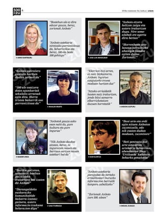 4 	 2013ko maiatzaren 10a, barikua | anboto
ANNE IGARTIBURU
MAIDER UNDA JOSEBADERTEANO
“Bostehun ale ez dira
edozer gauza, beraz,
zorionak Anboto”
“Anbotok gauza asko
esan nahi du, gure
kultura eta gure
ingurua”
“Anboto etxera
heltzen zaigu eta
astero irakurtzen
dugu. Nire seme-
alabak ere agertu
dira bertan”
“Bost urte eta erdi
egin nituen Anboton
zuzentzaile, edo
nik esaten dudan
moduan, zuzentsore”
“Anboto astekaria
niretzako garrantzitsua
da, beharrezkoa eta
beraz, 500 eta beste
500 gehiago”
“Nik Anboto daukat
atzean, beraz, ni
inguratzen nauen eta
barruan sartzen nauen
astekari bat da”
“Horrenbeste urte
lanean jarraitzeko
ahalegin handia
egiten duzue.
Zorionak!”
“Beti pentsatu dut
urte amaieran
urtekaria beharrean,
abenduaren 28an
‘Urtikaria’ kaleratu
beharko genukeela”
“Anboto ostiralero
gustura hartzen
dudan zerbait da”
“Bariku goizetan,
saioetatik bueltan
goizaldeko
irakurketa bat izaten
da Anboto”
“Elorrion bizi arren,
ez naiz bizkaitarra.
Anboto, ingurua
ezagutzeko tresna
moduan hartzen dut”
“Anboto astekaria
paregabea da bertako
errealitateari buruzko
informazioa barrutik
kanpora zabaltzeko”
“500 ale osatzera
doan egunkariak
sekulako urratsak
egin ditu. Horra
iristea bakarrik oso
garrantzitsua da”
“Durangaldeko
euskarazko
komunikabide
bakarra izateaz
gainera, astero
informazio txukuna
helarazten digu”
“Atzeko orrialdetik
hasten naiz irakurtzen,
jende bitxi samarra
elkarrizketatzen
duzuen horretatik”
“Zorionak Anboto
zure 500. alean”
MAIALEN IRIARTE
UNAI ITURRIAGA MIGUEL ZUGAZA
ANDONI AIZPURU
JOSE LUIS MENDILIBAR
IGOR ELORTZA
 