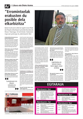 Liburu eta Disko Azoka
Az            10                                                                                                                                   2012ko abenduaren 6a, eguena anboto




“Erromintxelak
erakusten du
posible dela
elkarbizitza”
Ijitoen kulturaren alde lan egiten duen Kale
dor Kayiko elkartearen presidenteordea da
Oscar Vizarraga. Erromintxela hizkeraren
inguruan jardungo du, abenduaren 9an
Zenbat denbora daramazue azo-         txelari buruzko mahai-inguruan
karekin elkarlanean?                  parte hartuko dut. Azokako gure
Hiru urte daramagu Durangoko          parte-hartzearen zutabeetariko
azokan parte hartzen. Gerediaga-      bat izango da hori. Erromintxela,
ri proposamena egin genion aur-       orain edo sekula ez izenburua ipi-
tengo azokaren kultura gonbida-       ni diogu mahai-inguruari. Sin-
tua kultura ijitoa izan zedin, eta    biosi kulturala posible dela era-
oso ondo hartu zuten. Ilusio han-     kusten du erromintxelak: euskal-
diarekin dihardugu alde biek.         dunaren eta ijitoarennahasketaren
                                      adibidea da hizkera hori.               Eskolastikako kideak, Nicolas          ahal izango du, pen drive batean.      hori mantentzeak daukan garran-
Zelan hartu zuen Gerediagak                                                   Jimenez ikerlariak, Jose Luis Lizun-   Zein da erromintxelaren egoera         tziaz. Euren identitate zeinu bat
zuen proposamena?                     Erromintxela euskaldunek uler-          diak eta neuk. Erromintxela dia-       gaur egun?                             delako hitz egiten eta transmiti-
“Arrazoia!”, izan zen erantzuna.      tu ez zezaten ijitoek sorturiko hiz-    lekto bat, baina talde etniko bat      Egia da hiztun gutxi daudela, bai-     tzen dute.
Penintsulako herriak, zein mun-       kera dela idatzi dute zenbaitek...      ere badela azaldu gura dugu, bes-      na bizirik dago. Hiztunak egotea
duko herrialdeak gonbidatu dituz-     Izan liteke euren kontra zegoen eta     teak beste, mahai-inguru horre-        arrakasta da berez, ikertu daite-      Asko geratzen zaigu elkarren-
te azken urteetan. Euskaldunekin      aurreiritziak zituen gizarte batean     tan: talde etniko bat eratu du erro-   keelako. Aldarrikatzen duguna da,      gandik ikasteko.
bizitzen 600 urte daraman kultu-      bizirauteko, euren identitatea gor-     mintxelak. Kultura ijitoaren ezau-     urgentziazkoa dela ikerketa hori       Elkar ezagutzea falta zaigu. “Elkar
ra ez ahazteko eskatu genien.         detzeko defentsa moduan erabi-          garri eta jarrera sozial batzuk        bizirik dagoen artean amaitzea.        ezagutzeari elkar aintzatestea
                                      li izana erromintxela ijitoek. Zapal-   aldatzea ekarri du, euskaldunaren                                             gehitzen badiogu, errespetua da




                                                                                                                     “
Elkarteko jendeak zelan hartu         dutako herria izan da beti ijitoa,      alde. Ijito euskaldunen gizarte tal-                                          emaitza”, dio gure esloganak. Elkar
zuen azokaren parte izatea?           ijitoak ez dira zapaltzaile izan.       dea eratu du. Ijitoen eta euskal-                                             ezagutzeko aukera da Durango-
Ilusio handiarekin. Kale dor Kayi-    Gizartearen aurreiritzi eta beldu-      dunen antza daukate, baina bes-                                               koa. Beste gauza bat da aintzates-
ko elkartean dihardugunok oso         rren biktima izan da herri ijitoa.      te zerbait dira.                           Urgentziazkoa da                   tea. Horretarako borondatea behar
inplikatuta gaude gure herriare-      Elkarteak sortu arte iruntzi egin                                                   ikerketa hizkera                  da, eta horixe eskatzen diegu bai
kin eta kulturarekin. Euskal Herri-   behar izan ditugu aurreiritzi           1995ean egindako ikerketa har-                                                payoei, bai ijitoei. Ijitoak payo
ko ijitoen elkarte guztiak batzen     horiek. Euskal kultura ere ez da iji-   tuko duzue domekako mahai-               bizirik dagoen artean                guztiak ez direla gurekin txarrak
dituen batzordeak ere parte har-
tu du antolakuntzan, eta beraz,
                                      toengana asko hurreratu, askotan
                                      aurreiritziei oihartzuna eman die.
                                                                              inguruaren oinarritzat?
                                                                              Bai, baina egin genuen ikerketa
                                                                                                                              amaitzea                      izan konturatzea ere nahi dugu.
                                                                                                                                                            FelipeVI.ak XVIII. mendean ijitoen




                                                                                                                                             ”
herritar askorengana ailegatu da                                              horren aurkezpena egitea baino,                                               kontra egindako Sarekada Han-
parte hartzeko proposamena.           Euskaldunok ere badakigu zein           gura duguna da aldarrikatzea,                                                 dian, injustiziaren kontra altxatu
                                      zaila den kultura minorizatu bat        ikerketa hori amaitu eta publiko                                              ziren hainbat payo: euren etxee-
Mahai-inguru batean ere parte         iraunaraztea.                           egin behar dela. Erromintxela          Ijito gazteek ezagutzen al dute        tan hartu zituzten ume ijitoak eta
hartuko duzu zuk, gainera.            Bai. Beste herrialde batzuetan          fenomeno soziolinguistikoak era-       erromintxela?                          euren abizenak eman zizkieten.
Bai, egunero azokan egoteaz gai-      erromintxelari buruz berba egin         kusten du posible dela elkarbizi-      Kultura ijitoari buruz gabiltza-       Historia ezagutu behar dugu guz-
nera, abenduaren 9an Erromin-         dugunean, asko harritu dira iker-       tza, eta posible dela mestizajea.      nean, kontuan hartu behar da iji-      tiok. Zoritxarrez, aurreiritzi asko
                                      lari guztiak. Ijitoek eurenak ez        Bestalde, ikerketa bera eskuratu       to gehienek, gure bizimoduaga-         daude oraindino. Asko dago egi-




“
                                      diren kultur ezaugarriak bere egi-      gura duenak, kultura ijitoaren azo-    tik, ez dutela unibertsitatean ika-    teko, eta guregan dago aldaketa-
                                      tea onartu dute, eta munduko            kako erakusmahaian eskuratu            si. Asko ez dira ohartzen hizkuntza    rako indarra.
    Euskaldunaren eta                 kasu bakarra dira: ijitoak bere kul-
                                      turaren parte bat laga du euska-
         ijitoaren
      nahasketa da
                                      raren alde. Oso gauza berezia da
                                      hori.                                                                    EGITARAUA
       Erromintxela                   Nortzuk hartuko duzue parte




                         ”
                                      mahai-inguruan?
                                      Josune Muñoz euskal filologo eta             Abenduaren 6an                                                   zuna, Plateruenean. (Txalapartariak;
                                                                                                                                                    Las Fanis, Vembrulé eta Bienmesabe
                                                                                                                                                    taldeak; eta Arkaitz Estiballes eta
                                                                                   12:00     Nire kera zurearen palian dao ikuski-                  Amets Arzallus bertsolariak).
                                                                                             zuna, Areto Nagusian. (Parte har-
                                                                                             tzaileak: Txalapartariak; Las Fanis,
                                                                                             Vembrulé eta Bienmesabe taldeak;
                                                                                             eta Arkaitz Estiballes eta Amets
                                                                                                                                          Abenduaren 8an
                                                                                             Arzallus bertsolariak).                      11:00     Emakume ijitoen ipuin kontaketa
                                                                                   15:30     Ijitoen tailerrak: txapak, margoak...                  saioa, Saguganbaran.
                                                                                             Saguganbaran.                                15:30     Ijitoen tailerrak: txapak, margoak...
                                                                                                                                                    Saguganbaran.
                                                                                   Abenduaren 7an
                                                                                   15:30     Ijitoen tailerrak: txapak, margoak...
                                                                                                                                          Abenduaren 9an
                                                                                             Saguganbaran.                                15:30     Ijitoen tailerrak: txapak, margoak...
                                                                                   15:30     Emakume ijitoaren aldarria berbal-                     Saguganbaran.
                                                                                             dia, Areto Nagusian.                         17:15     Flamenkoari buruzko berbaldia,
                                                                                   16:00     Latcho Drom filmaren emanaldia,                        Areto Nagusian.
                                                                                             Irudienean.                                  18:00     Erromintxelari buruzko mahai-ingu-
                                                                                   16:30     Emakume ijitoen ipuin kontaketa                        rua, Areto Nagusian. Josune Muñoz,
                                                                                             saioa, Saguganbaran.                                   Oscar Vizarraga, Nicolas Jimenez eta
                                                                                   22:30     Nire kera zurearen palian dao ikuski-                  Jose Luis Lizundia.
 