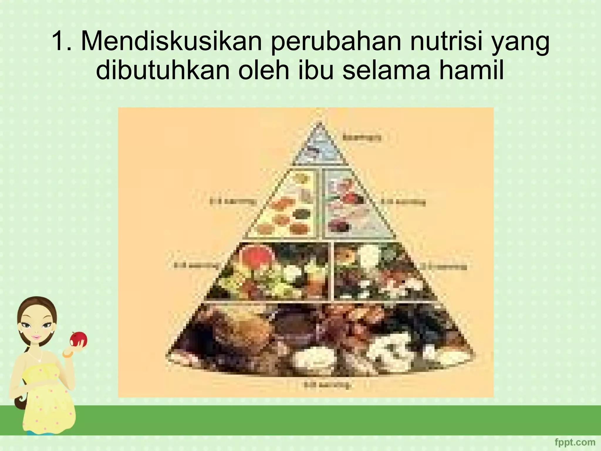 1. Mendiskusikan perubahan nutrisi yang
    dibutuhkan oleh ibu selama hamil
 