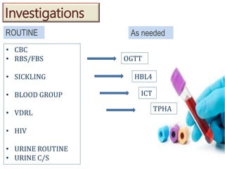 • CBC
• RBS/FBS
• SICKLING
• BLOOD GROUP
• VDRL
• HIV
• URINE ROUTINE
• URINE C/S
Investigations
ROUTINE As needed
OGTT
ICT
HBL4
TPHA
 