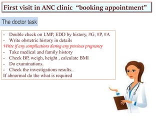 First visit in ANC clinic “booking appointment”
- Double check on LMP, EDD by history, #G, #P, #A
- Write obstetric history in details
Write if any complications during any previous pregnancy
- Take medical and family history
- Check BP, weigh, height , calculate BMI
- Do examinations.
- Check the investigations results..
If abnormal do the what is required
The doctor task
 
