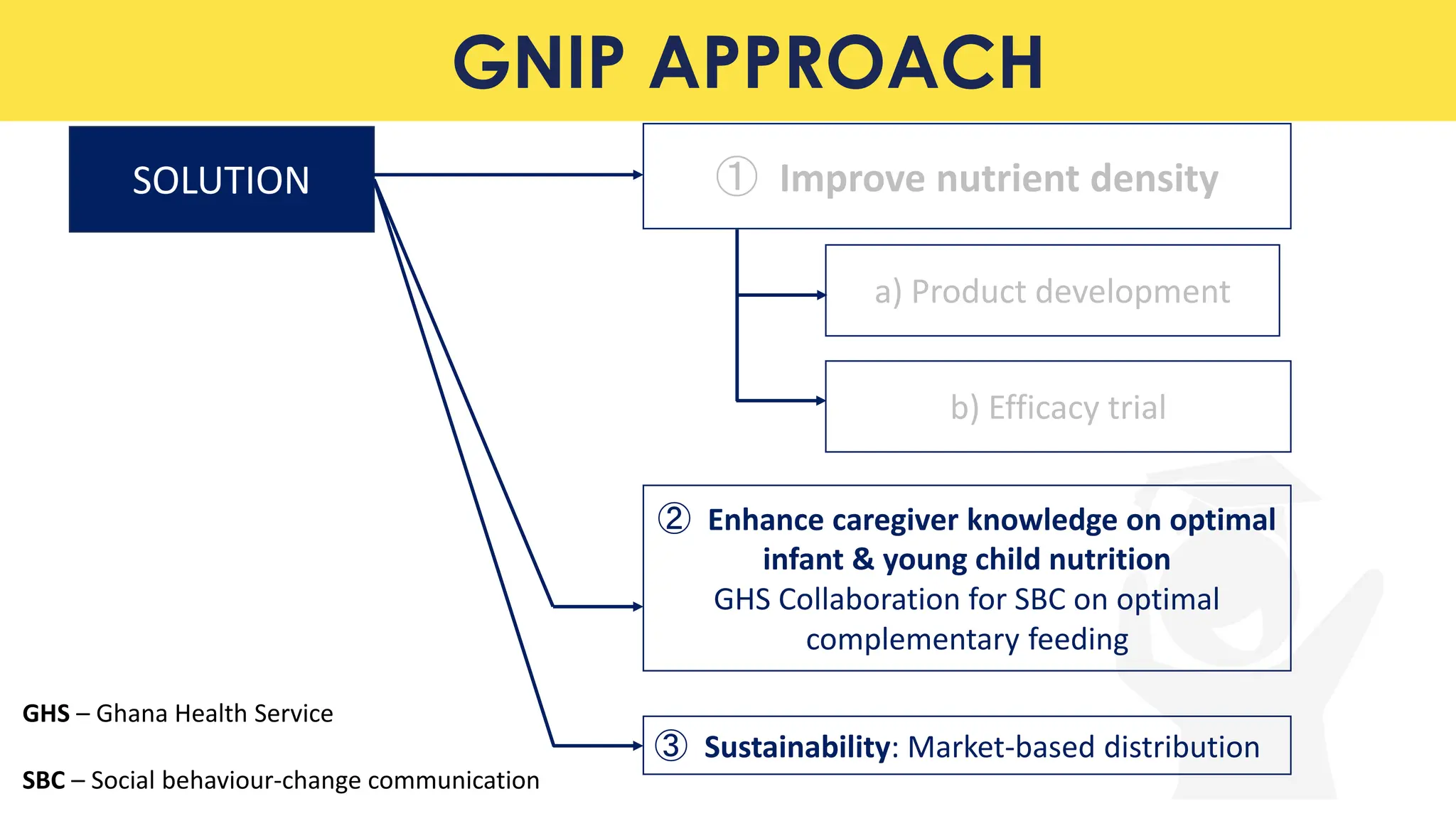 GNIP APPROACH
SOLUTION
b) Efficacy trial
a) Product development
① Improve nutrient density
➁ Enhance caregiver knowledge on optimal
infant & young child nutrition
GHS Collaboration for SBC on optimal
complementary feeding
➂ Sustainability: Market-based distribution
GHS – Ghana Health Service
SBC – Social behaviour-change communication
 