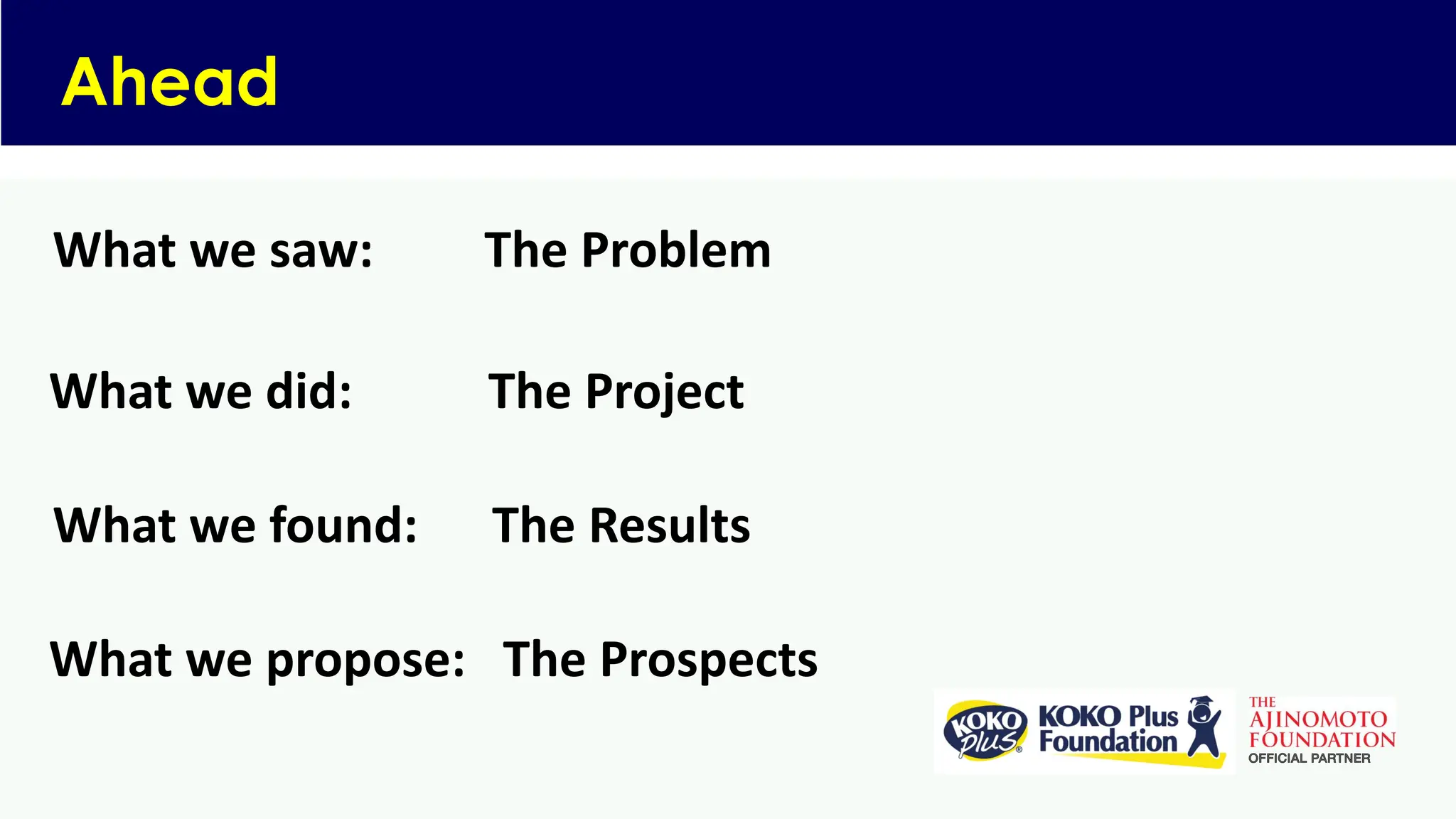 What we saw: The Problem
Ahead
What we did: The Project
What we found: The Results
What we propose: The Prospects
 