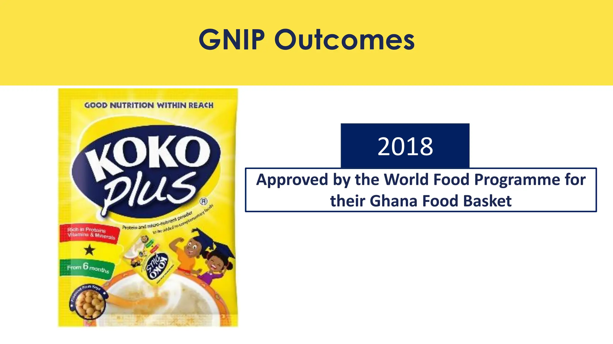 GNIP Outcomes
Approved by the World Food Programme for
their Ghana Food Basket
2018
 